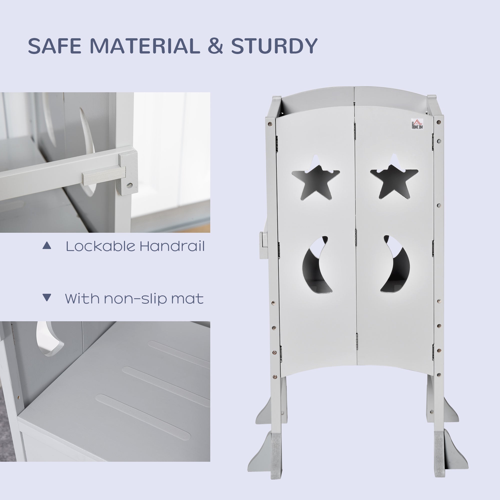 HOMCOM Kids Step Stool Toddler Kitchen Stool with Blackboard Lockable Handrail for Kids Kitchen Counter Grey - North Peak Garden Furniture