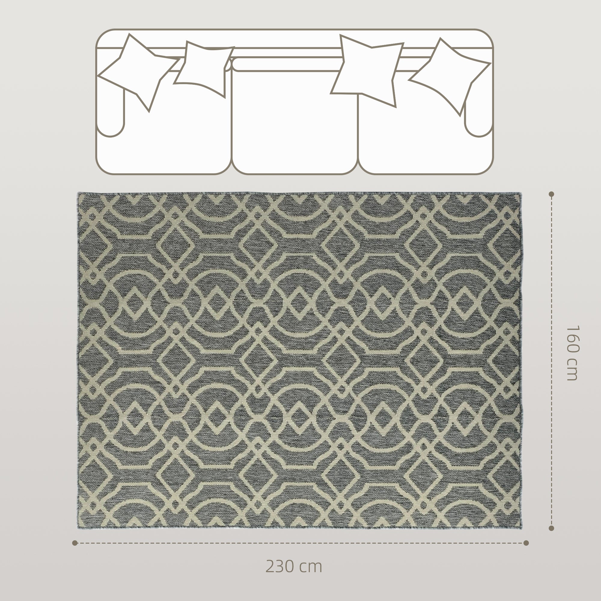 HOMCOM UV Resistant Indoor & Outdoor Area Rug, Easy-Cleaning Machine Washable Rug with Geometric Pattern for Patio, Garden, Kitchen, Bathroom or Living Room, 230 x 160 cm, Grey
