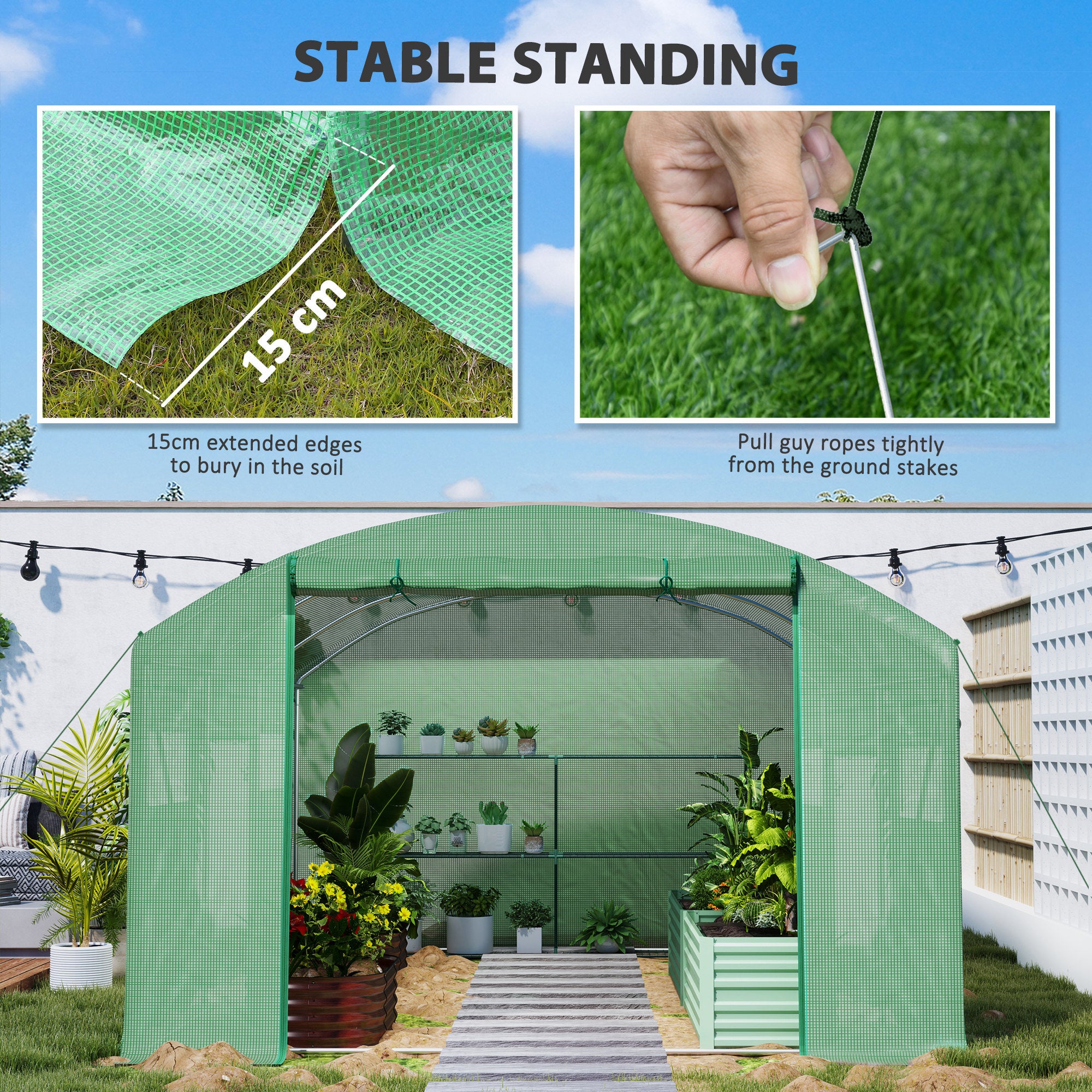 Outsunny 13 x 9.8ft Walk-In Polytunnel Greenhouse - Green - North Peak Garden Furniture
