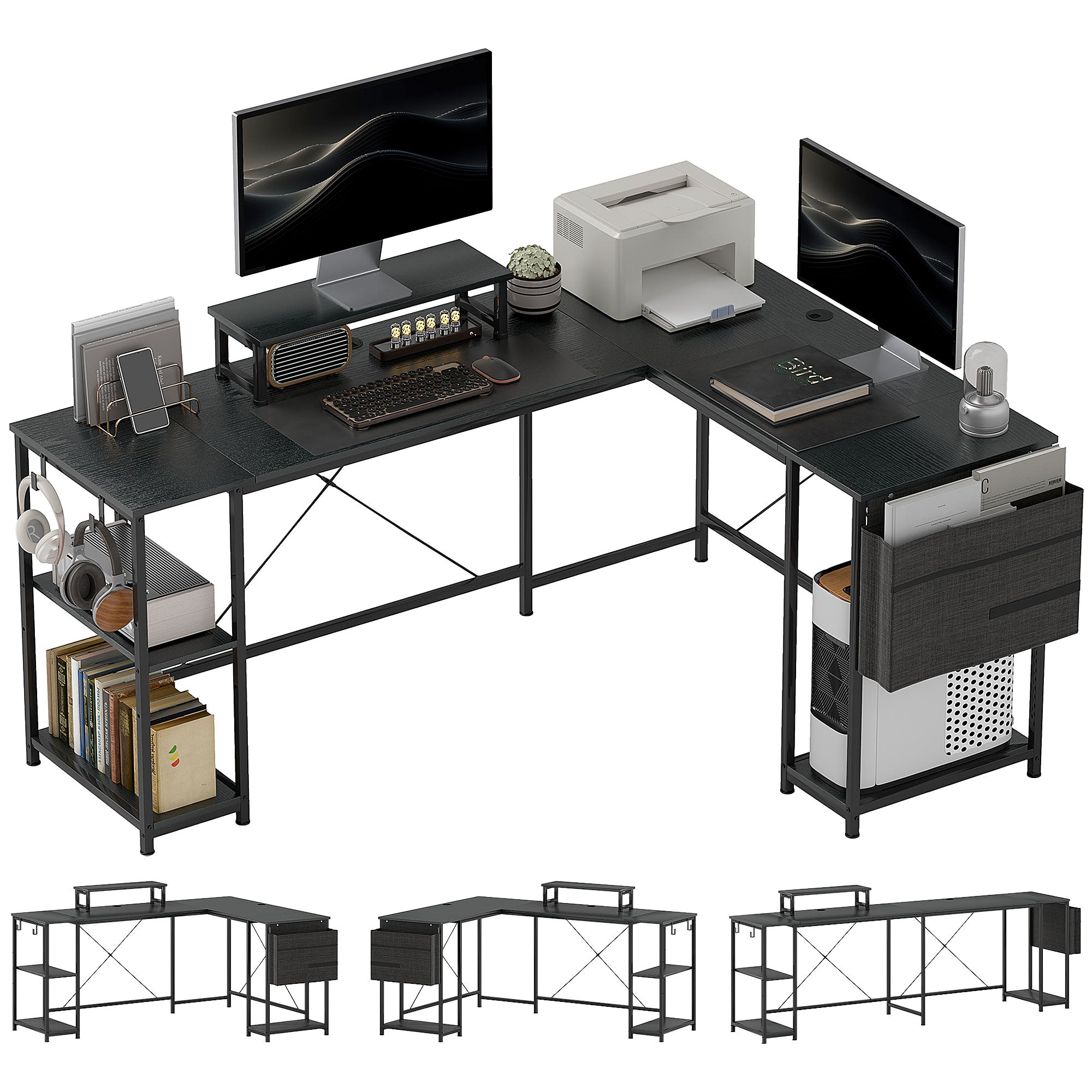 HOMCOM 168cm Reversible L Shaped Desk, Industrial Corner Computer Desk with Adjustable Shelf and Storage Bag, 240cm 2 Person Desk with Monitor Stand, Black - North Peak Garden Furniture