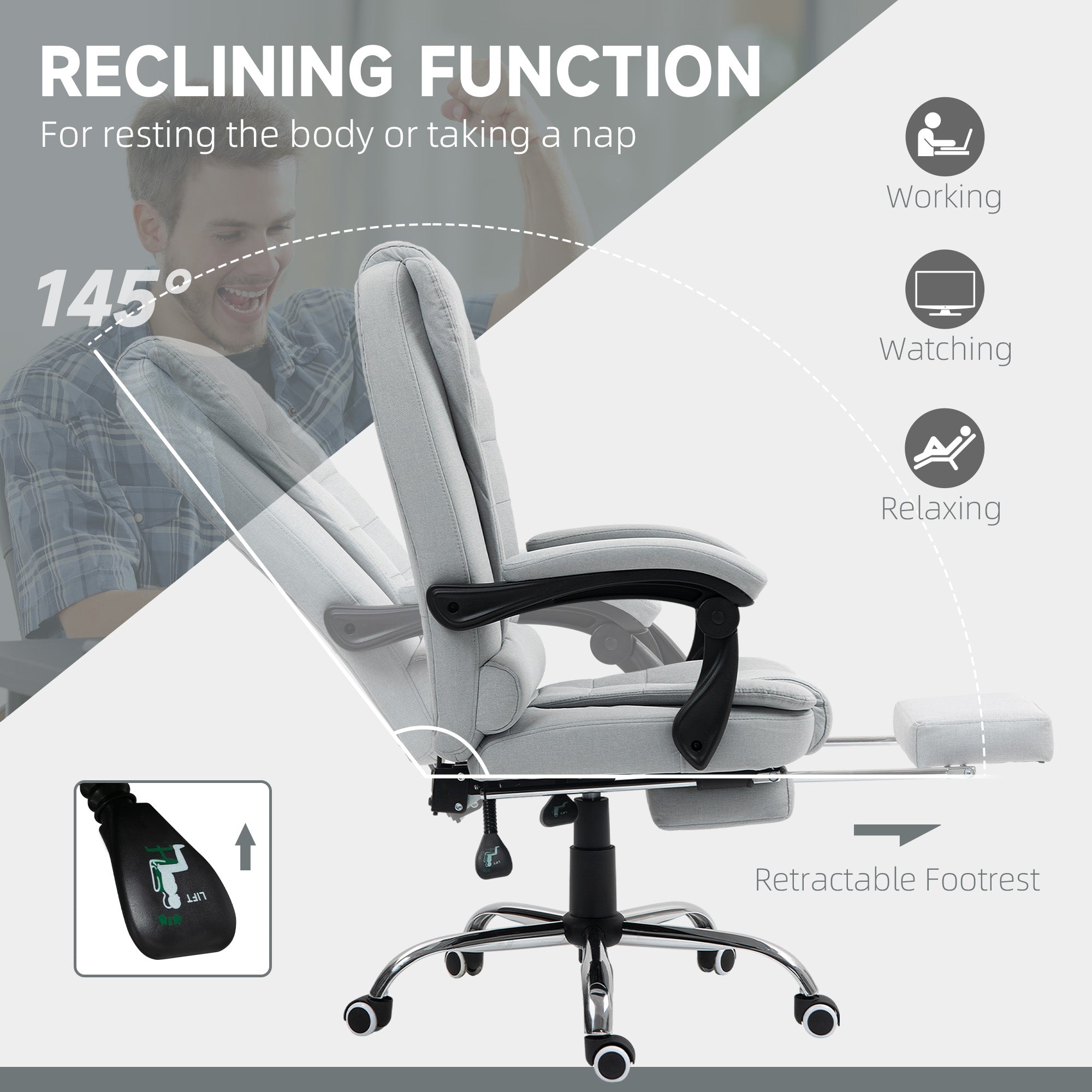 HOMCOM Linen-Look Adjustable Office Chair - Light Grey - North Peak Garden Furniture