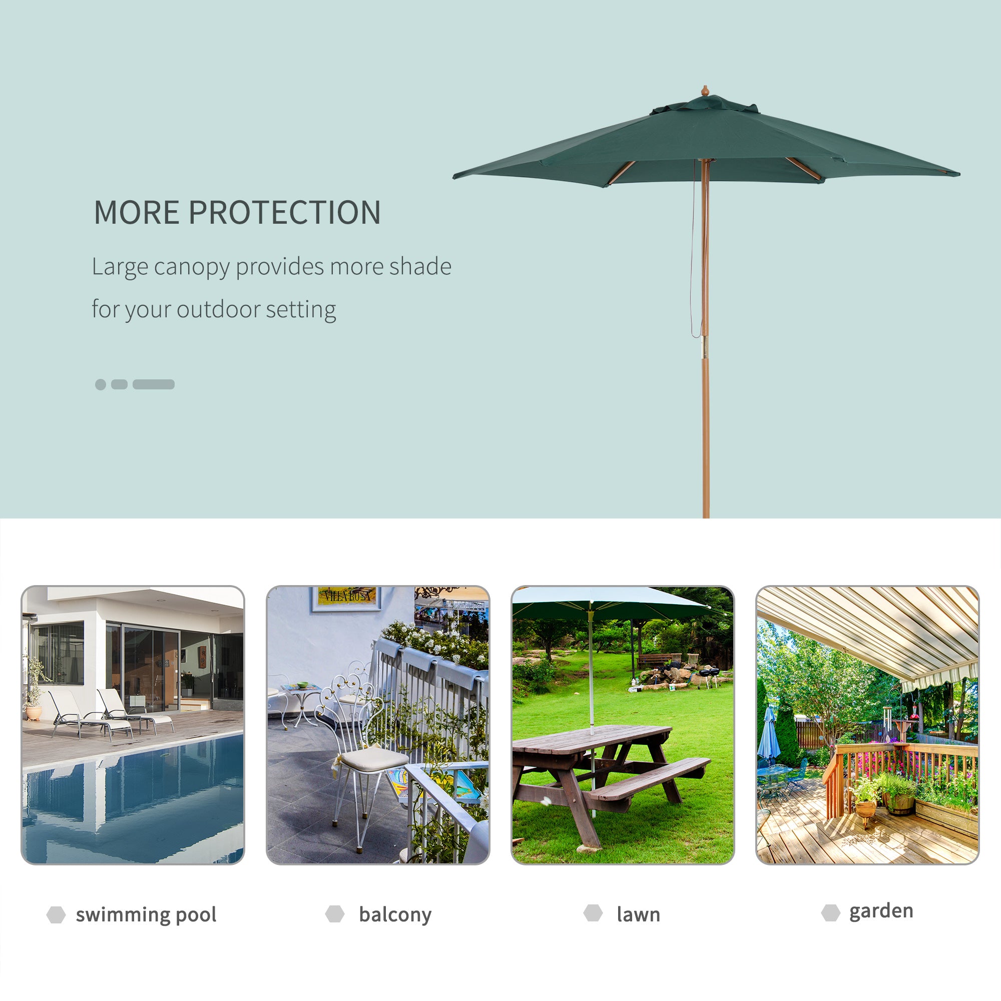 Outsunny Wooden Parasol: 2.5m UV-Protective Garden Umbrella with Pulley System, Dark Green