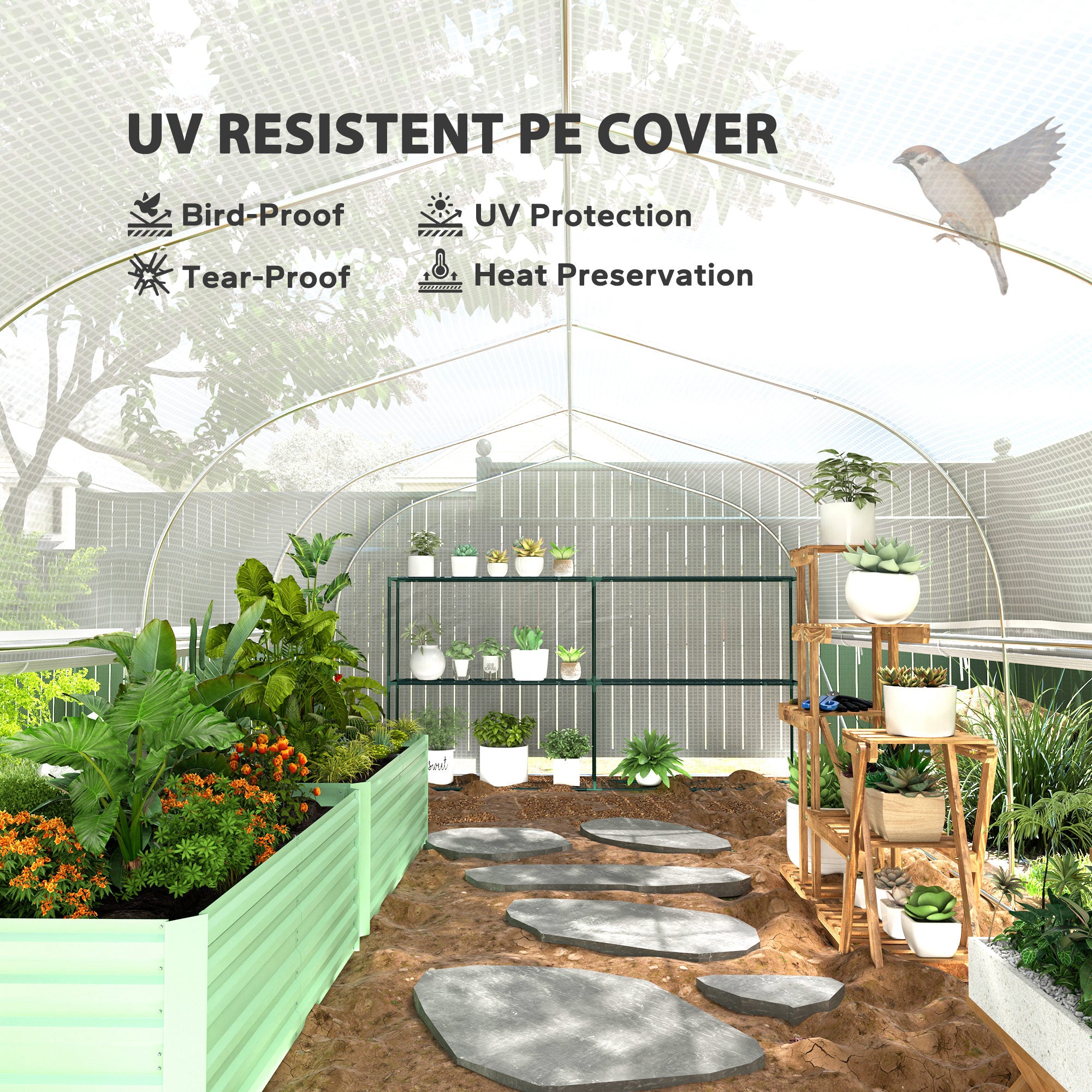 Outsunny 6 x 3 x 2m Walk-in Polytunnel Greenhouse, Zipped Roll Up Sidewalls, Mesh Door, 8 Mesh Windows, Tunnel Warm House Tent with PE Cover, Complimentary Plant Labels and Gloves, White - North Peak Garden Furniture