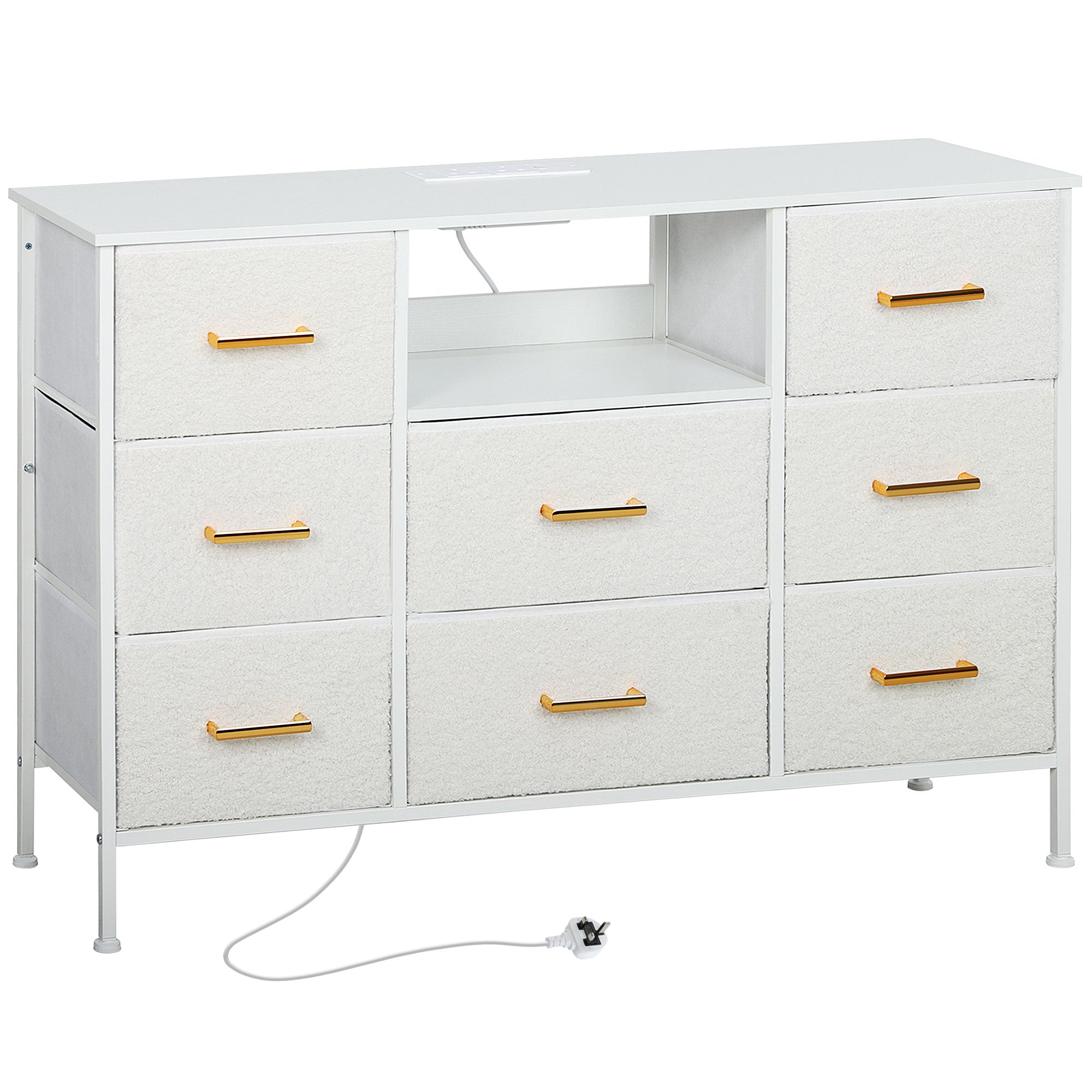 HOMCOM Boucle Chest of Drawers, 8 Fabric Drawers Storage Organiser with Charging Station, 2 USB and 2 AC Ports, Steel Frame, Fabric Dresser for Living Room, Bedroom, Hallway, Cream White - North Peak Garden Furniture