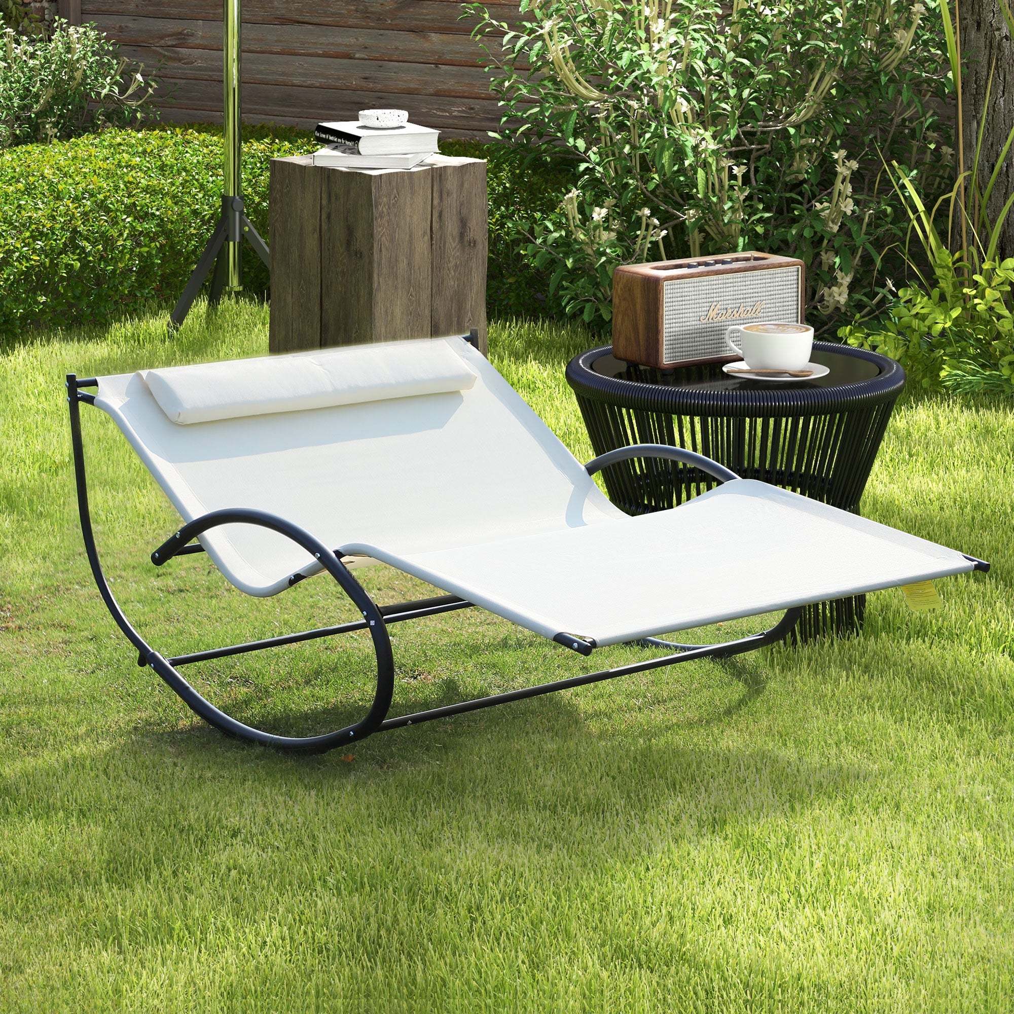 Outsunny Double Sun Lounger, Rocking Lounger Sunbed Daybed with Armrest and Headrest Pillow, for Two, For Outdoor Patio Garden, Cream White - North Peak Garden Furniture