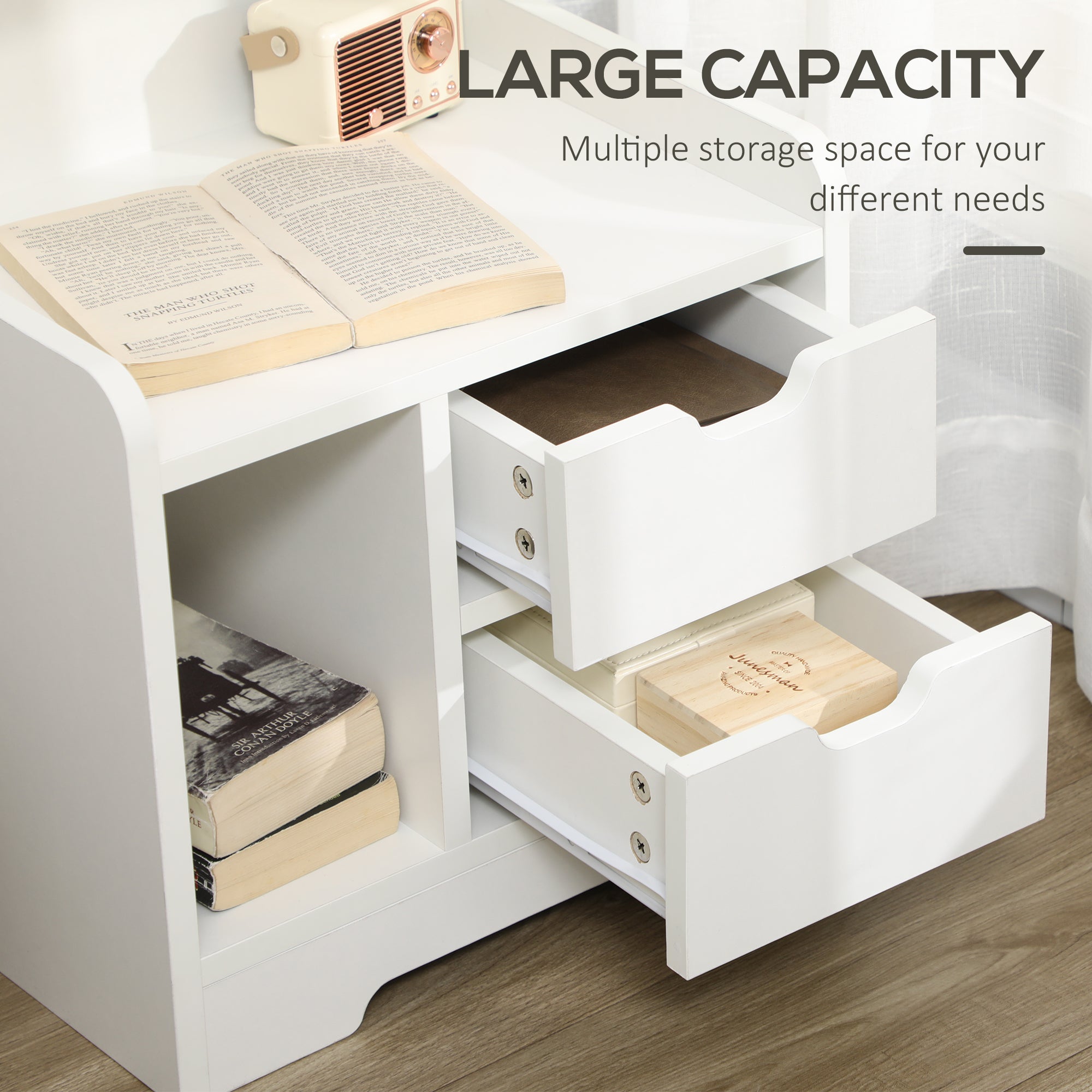 HOMCOM Bedside Table, Small Bedside Cabinet with 2 Drawers and Storage Shelves, Accent Table for Living Room, Bedroom, White - North Peak Garden Furniture