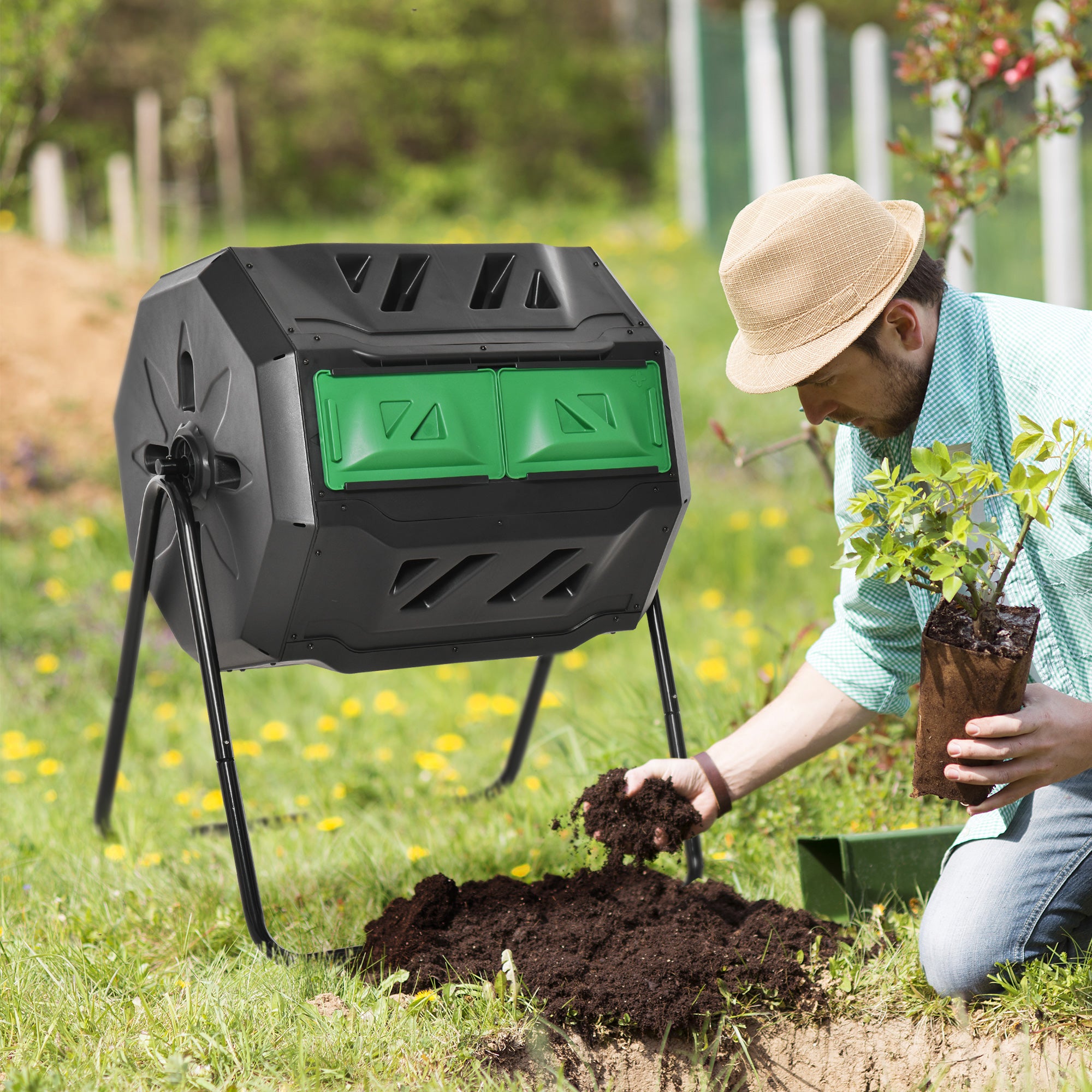 Outsunny 160L Tumbling Compost Bin Outdoor Dual Chamber 360° Rotating Composter, Garden Compost Bin w/ Sliding Doors & Solid Steel Frame, Black