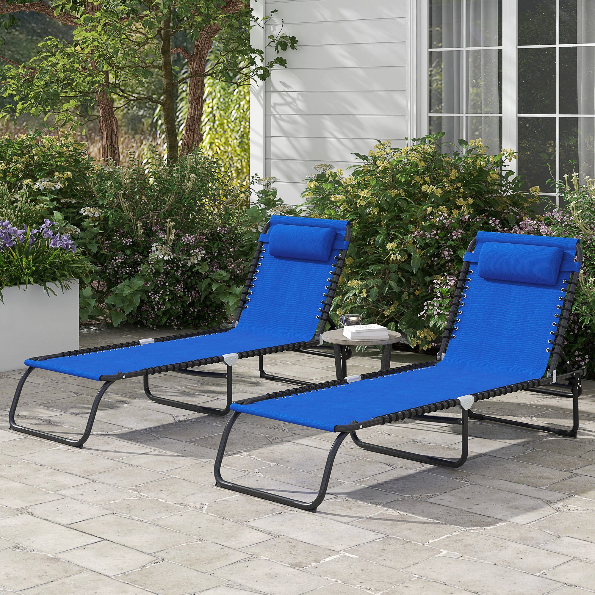 Outsunny Set of Two Folding Sun Loungers, with Four-Position Backs - Blue - North Peak Garden Furniture