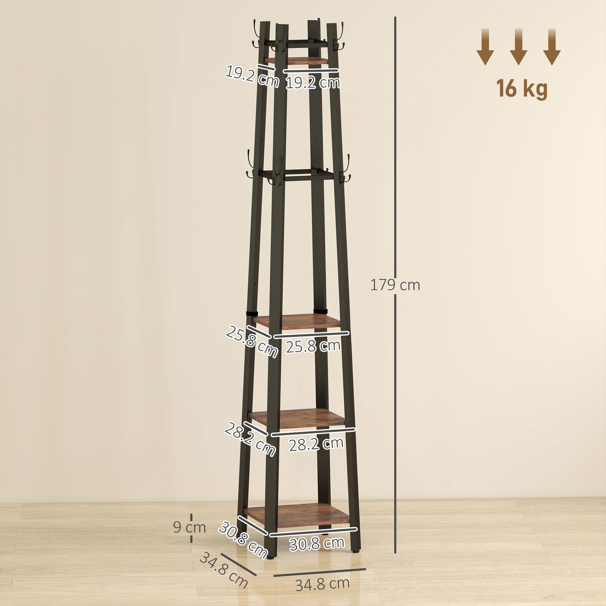 HOMCOM Industrial Coat Stand with 8 Hooks and 4 Shelves - Rustic Brown