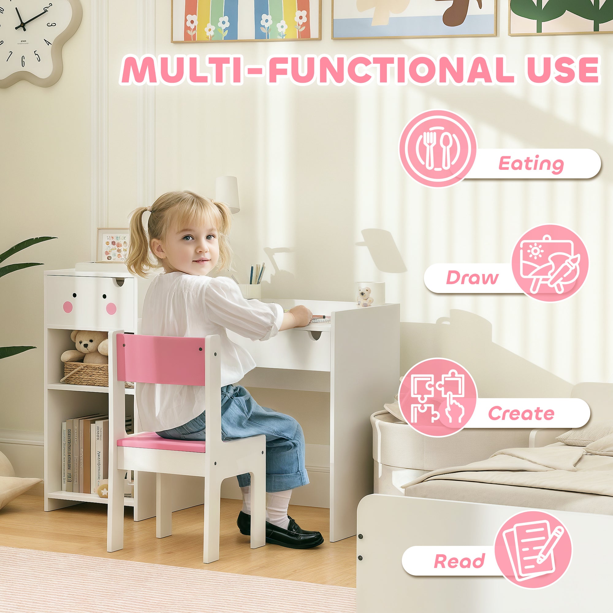 AIYAPLAY Rabbit Themed Kids Desk and Chair Set with Bookcase, Drawers, Storage Shelves, for 3-6 Years, White - North Peak Garden Furniture