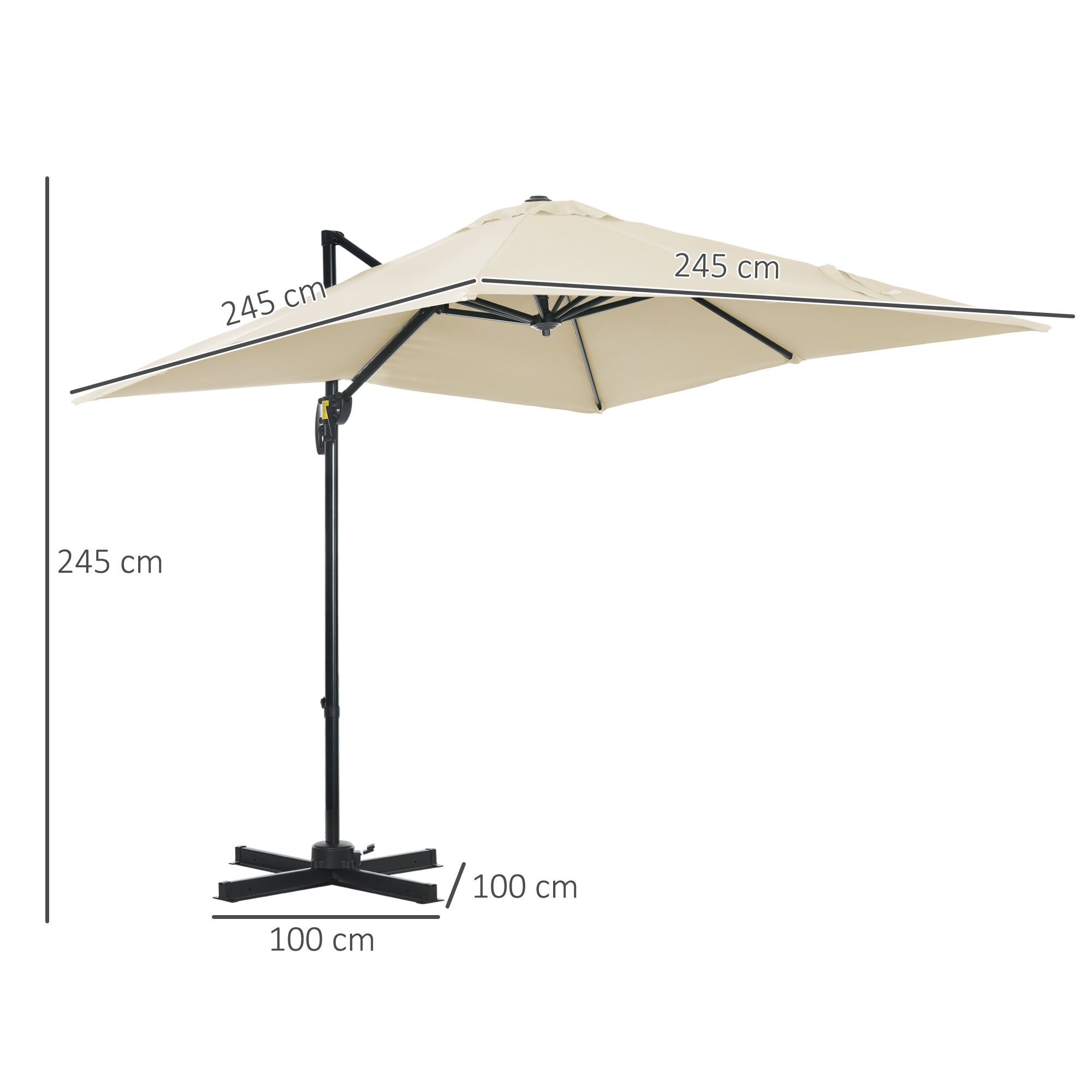 Outsunny 2.5 x 2.5m Patio Offset Parasol Umbrella Cantilever Hanging Aluminium Sun Shade Canopy Shelter 360° Rotation with Crank Handle and Cross Base, Cream White