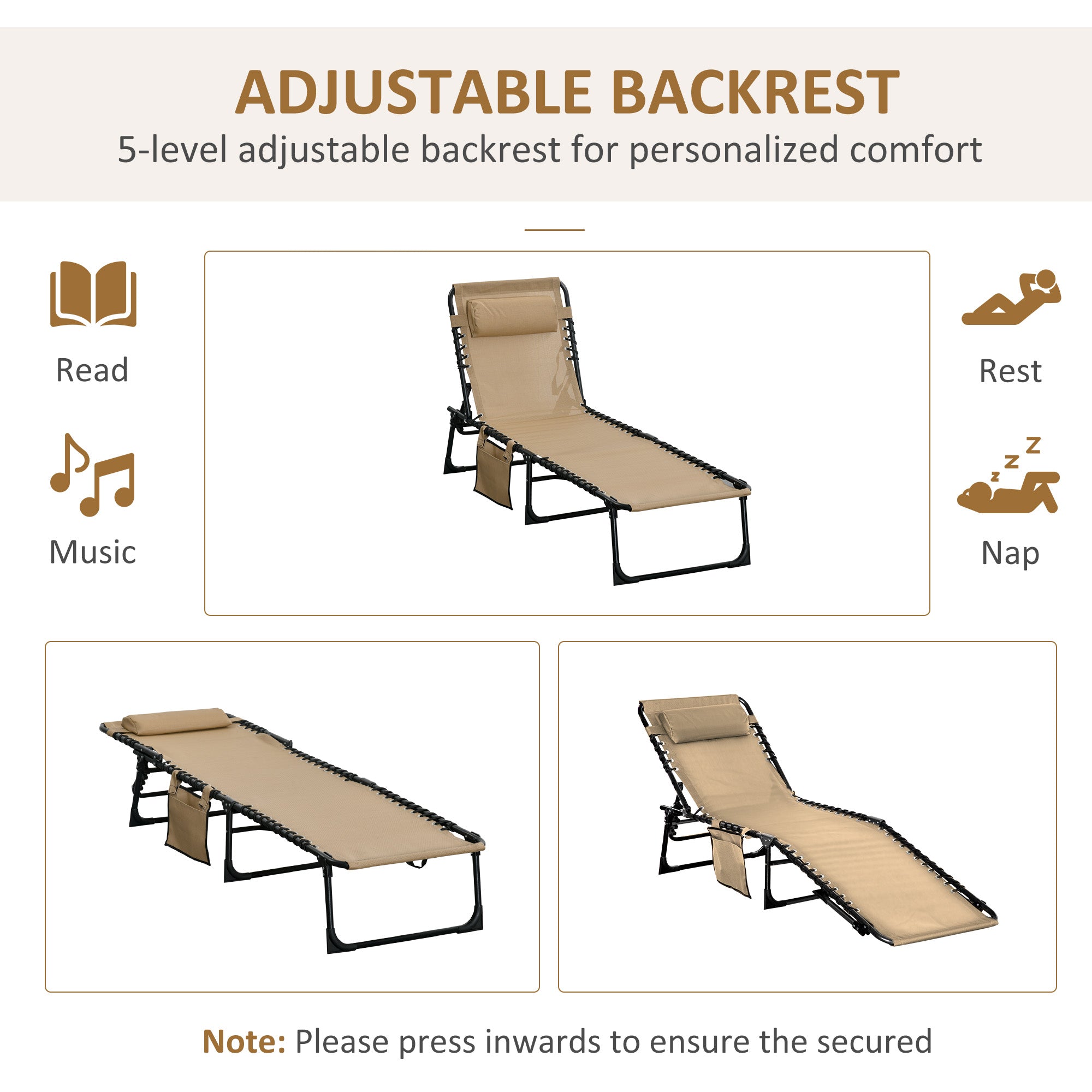 Outsunny Portable Sun Lounger Set of 2, Folding Camping Bed Cot, Reclining Lounge Chair 5-position Adjustable Backrest with Side Pocket, Pillow for Patio Garden Beach Pool, Beige - North Peak Garden Furniture