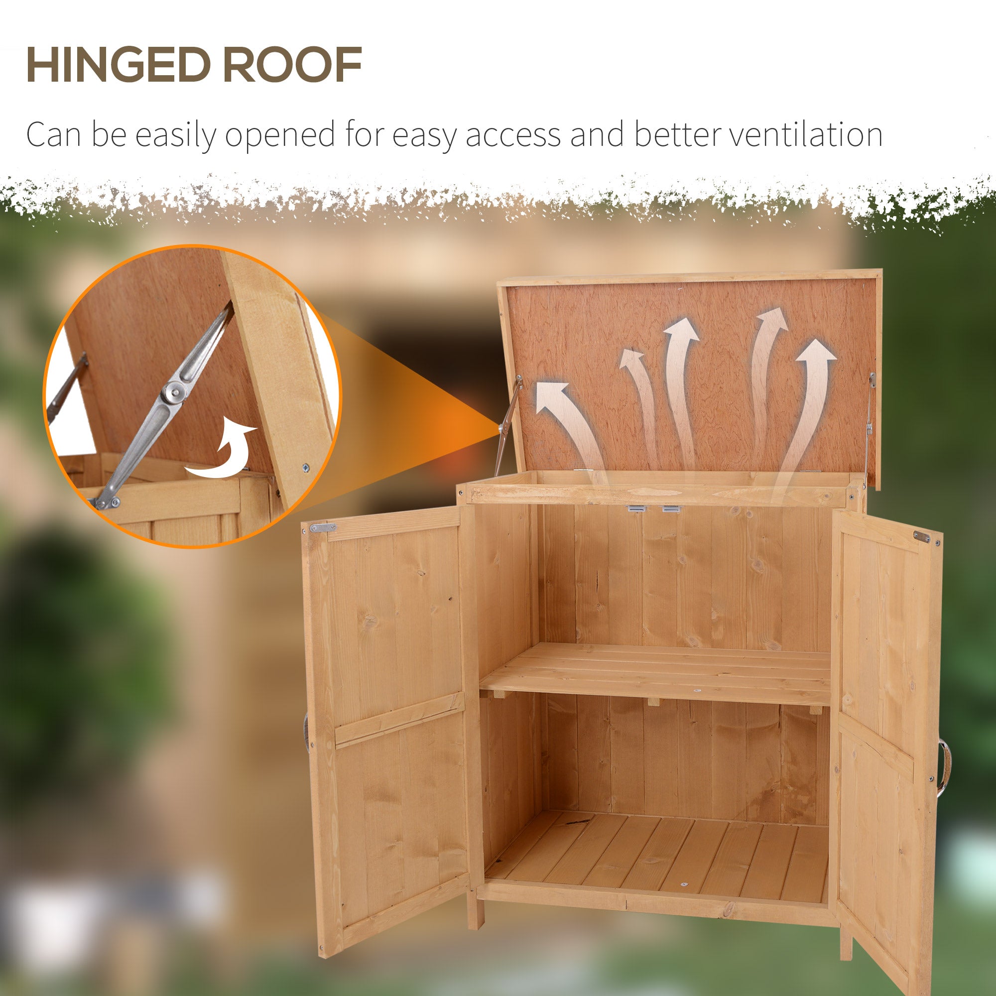 Outsunny Wooden Garden Storage Shed with Hinged Roof and Shelves, Outdoor Storage Cabinet Chest, Double Doors, 74 x 43 x 88cm, Burlywood - North Peak Garden Furniture