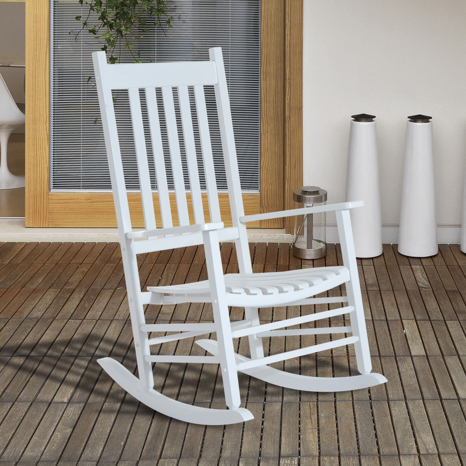 Outsunny Outdoor Porch Rocking Chair Armchair Wooden Patio Rocker Balcony Deck Garden Seat White