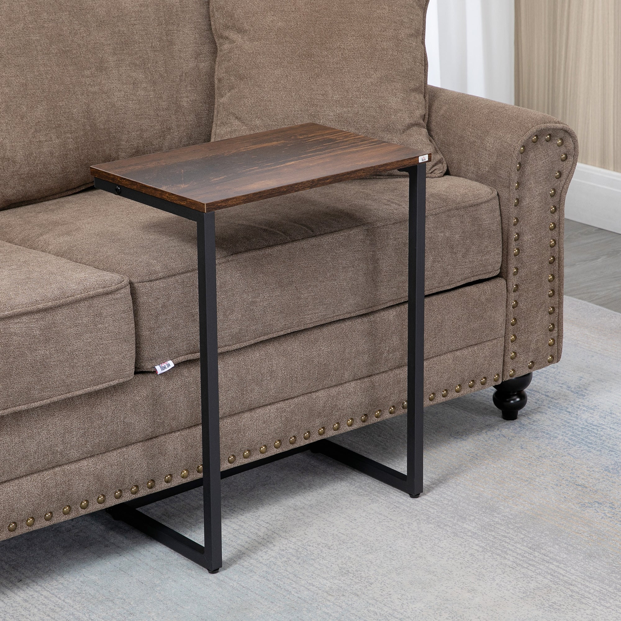 HOMCOM Nesting Side Tables Set of 3, C-Shaped Snack Side Tables with Steel Frame for Sofa Couch and Bed, Rustic Brown - North Peak Garden Furniture