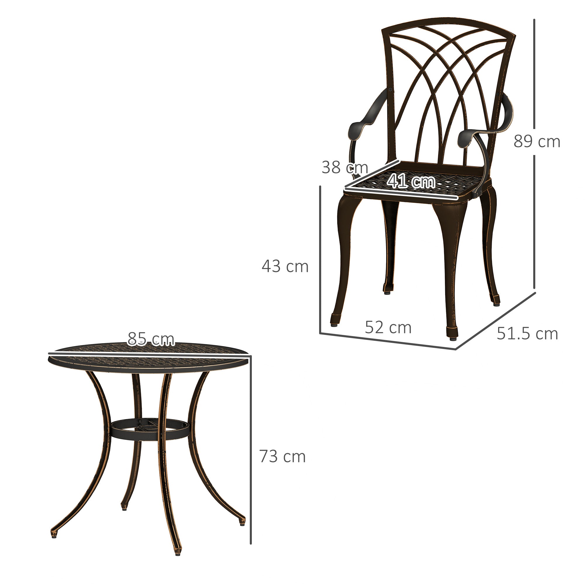 Outsunny 5 Pieces Garden Dining Set for 4, Cast Aluminium Outdoor Dining Set with 4 Armchairs and Round Dining Table with Parasol Hole, Garden Furniture Set, Bronze Tone - North Peak Garden Furniture