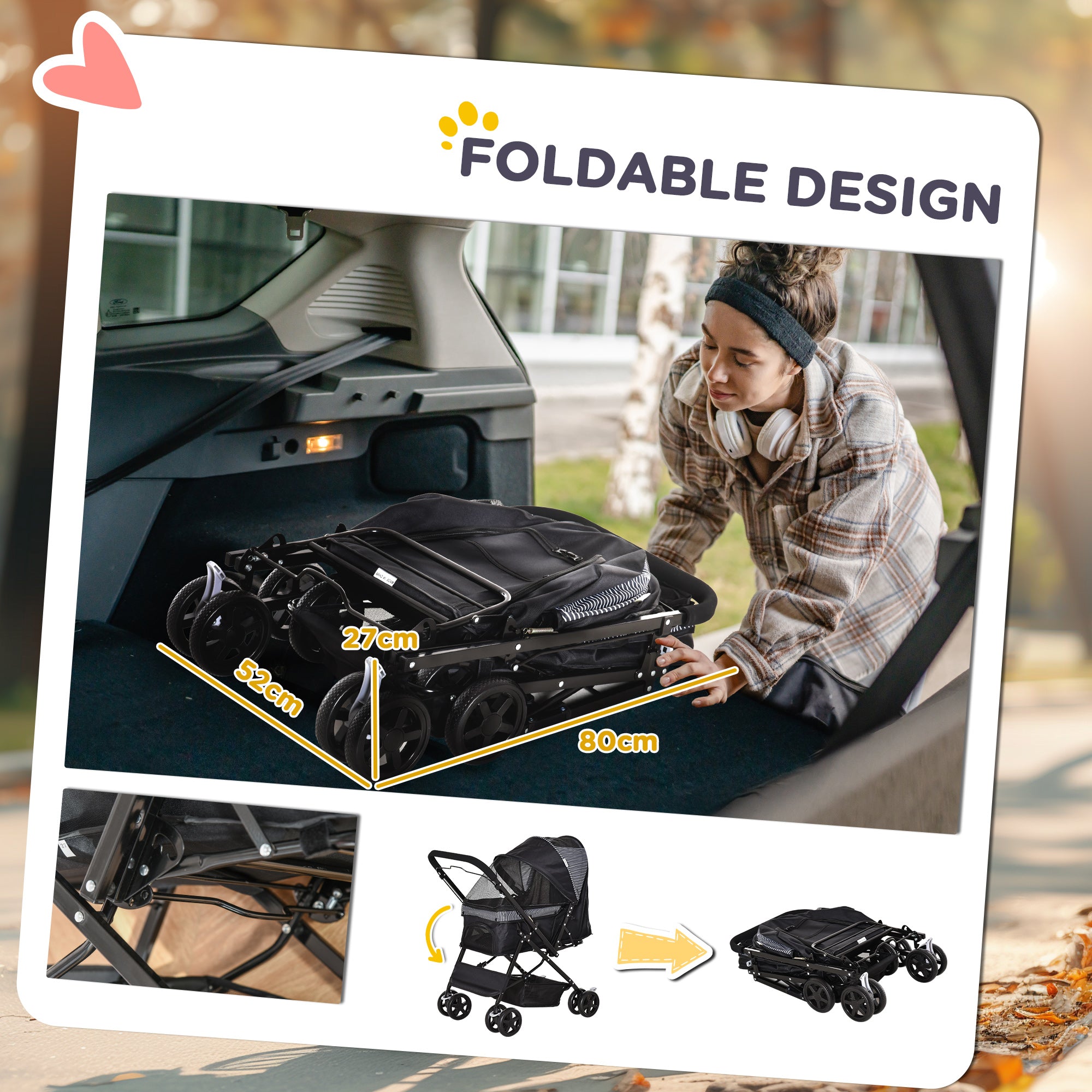 PawHut Pet Stroller Pushchair Foldable Travel Dog Cat Carriage w/ Reversible Handle Brake Basket - North Peak Garden Furniture