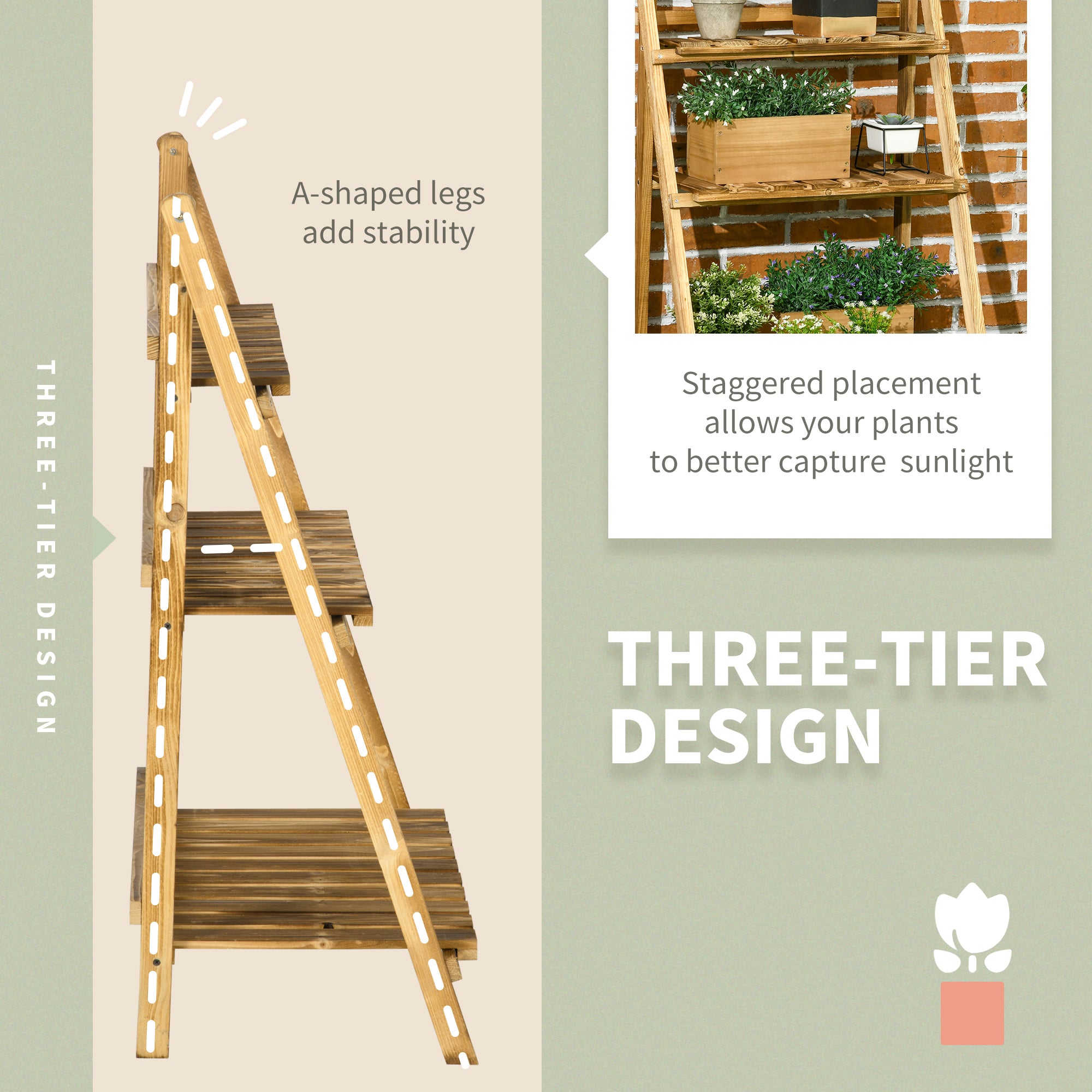 Outsunny Wooden Folding Flower Pot Stand 3 Tier Garden Planter Display Ladder Gardener Storage Shelves Rack Herb Holder (60L x 37W x 93H cm) - North Peak Garden Furniture
