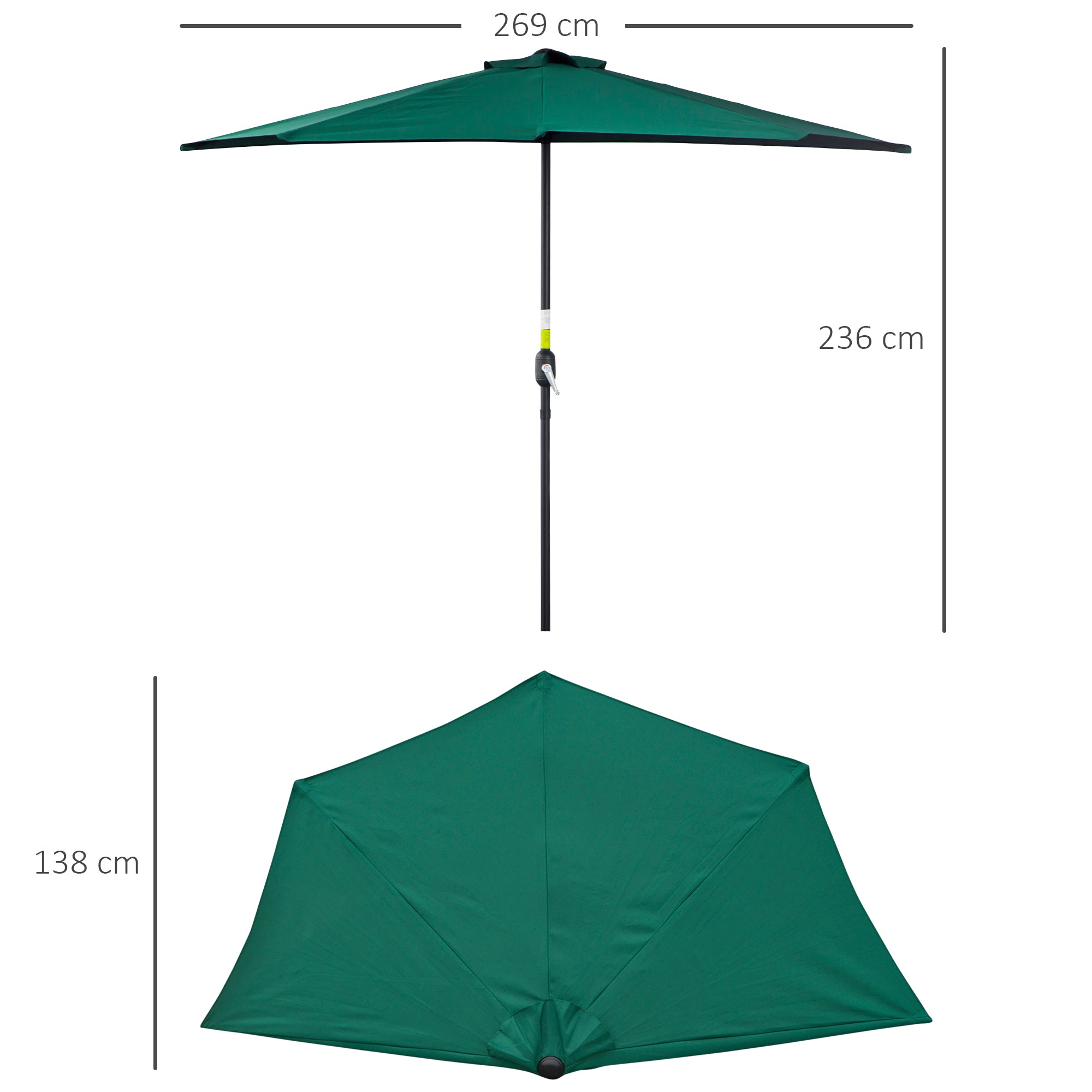 Outsunny 2.7m Garden Half Parasol, Outdoor Balcony Umbrella with 5 Steel Ribs, Patio Sun Shade, Green