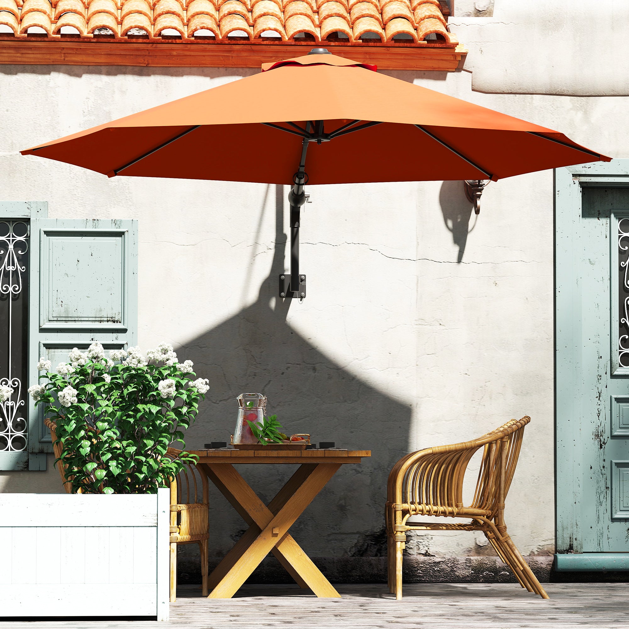 Outsunny 3(m) Wall-Mounted Parasol Shade, with Handle - Orange - North Peak Garden Furniture