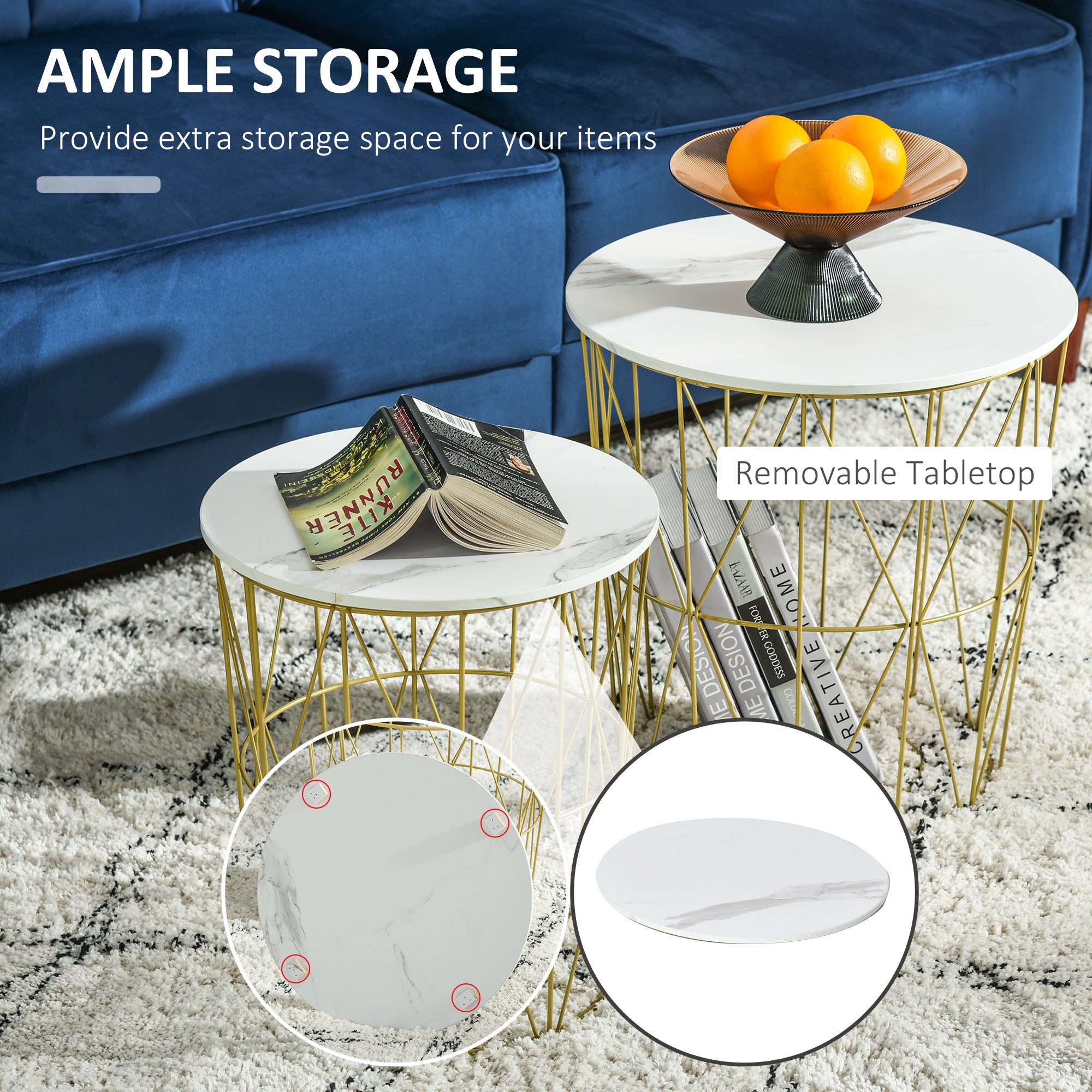 HOMCOM Set of 2 Nesting Side Tables with Storage, Round End Tables Coffee Tables with Steel Frame and Removable Round Top, for Living Room, bedroom, office, White - North Peak Garden Furniture