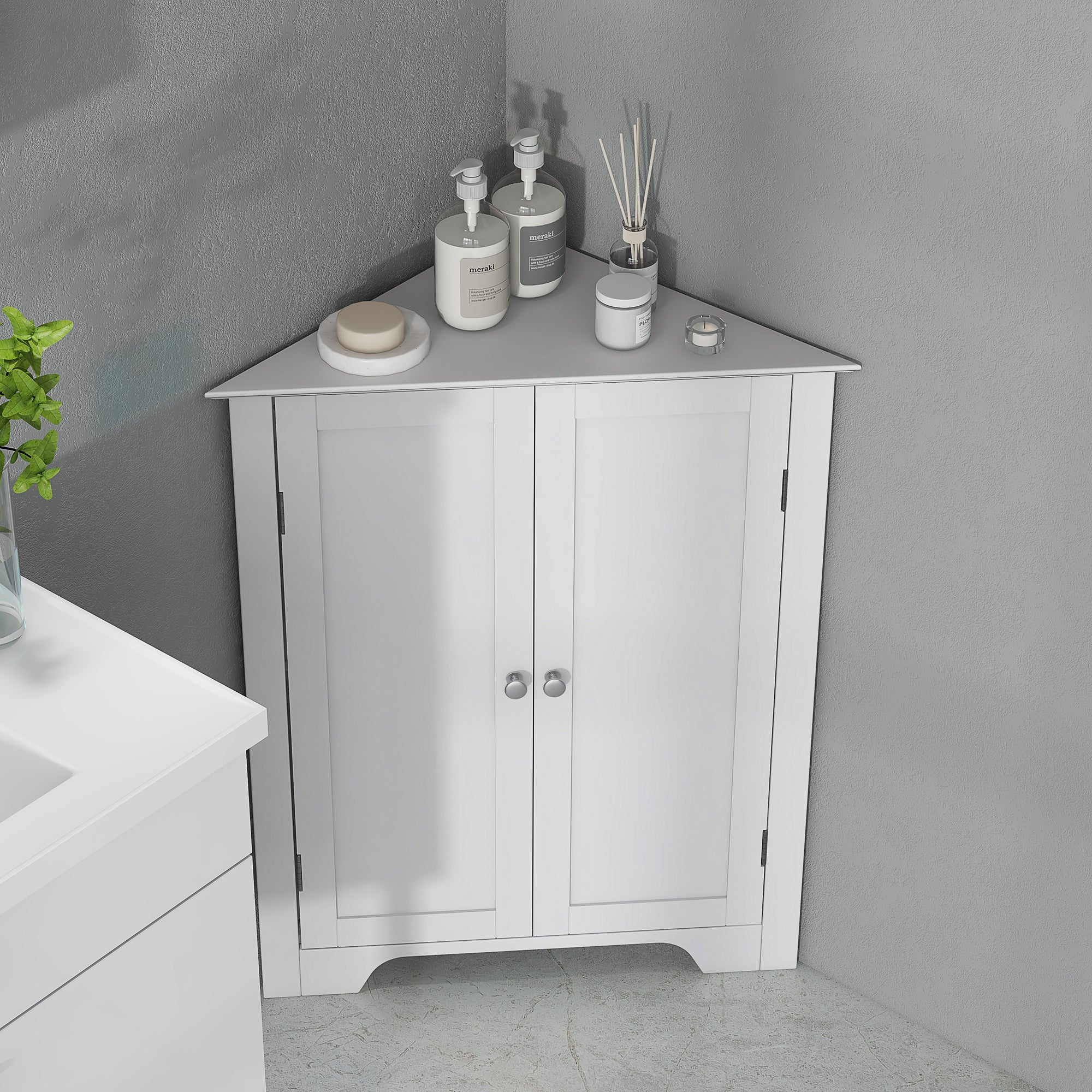 kleankin Triangle Bathroom Cabinet, Corner Bathroom Storage Unit with Adjustable Shelf and Recessed Door, Free Standing, White - North Peak Garden Furniture