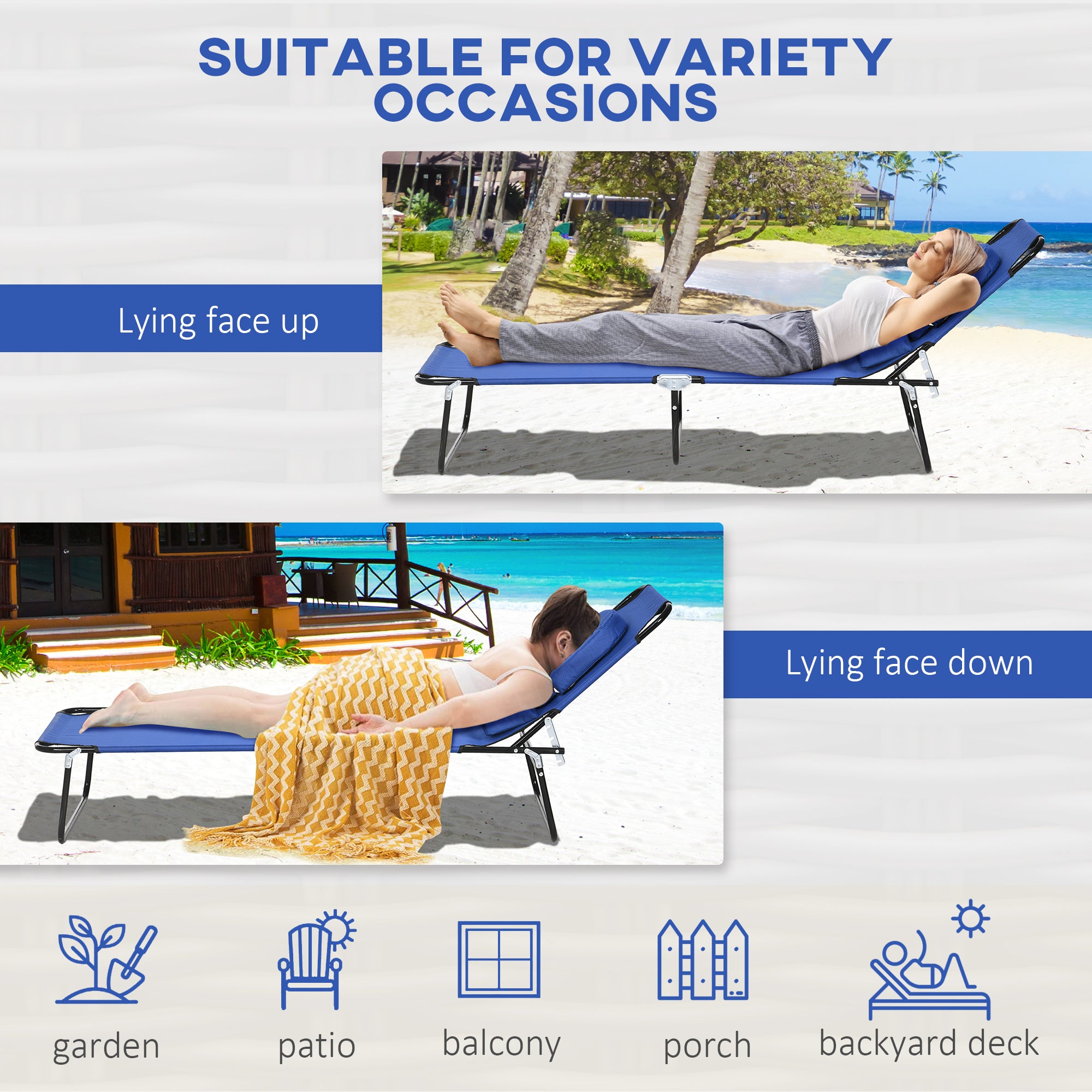 Outsunny Outdoor Foldable Sun Lounger Set of 2, 4 Level Adjustable Backrest Reclining Sun Lounger Chair with Pillow and Reading Hole, Blue