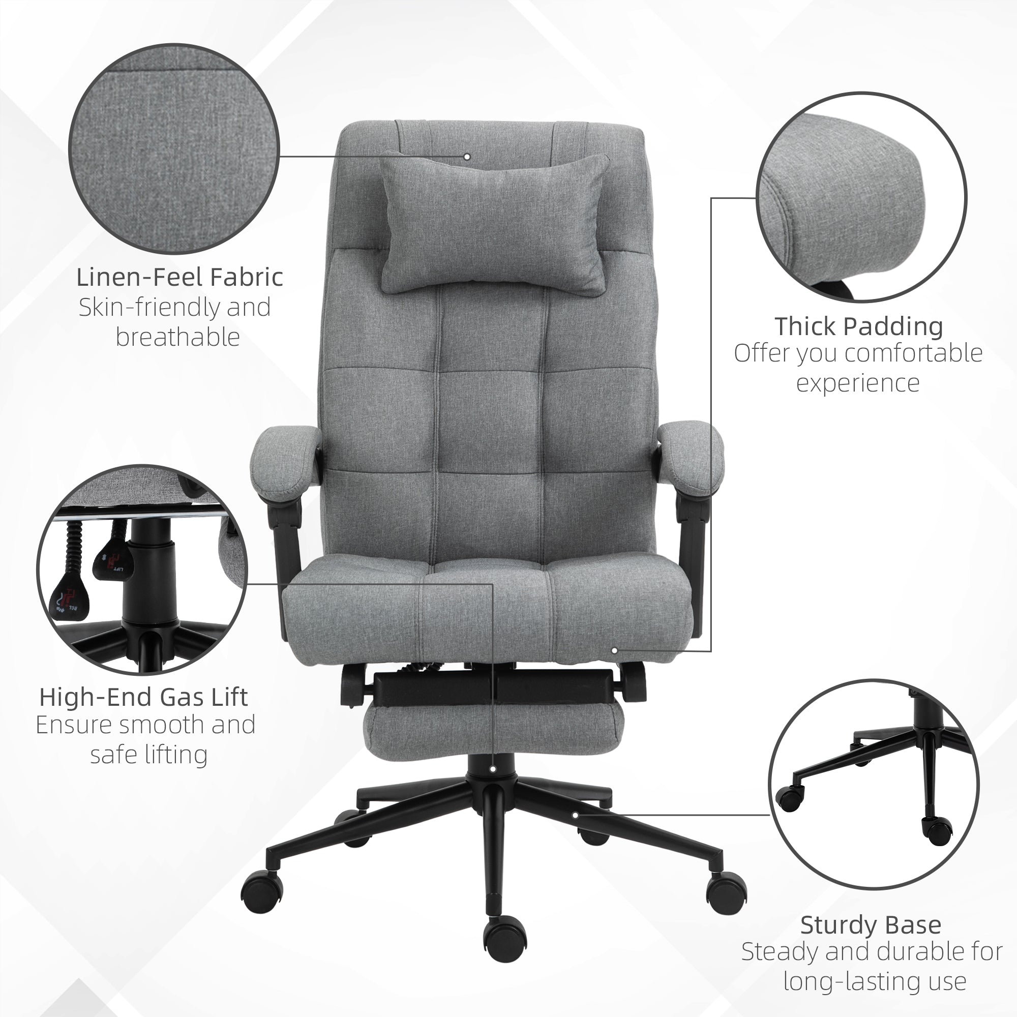 Vinsetto Office Chair with Footrest Ergonomic Office Chair with Armrests Lumber Support and Headrest Light Grey - North Peak Garden Furniture