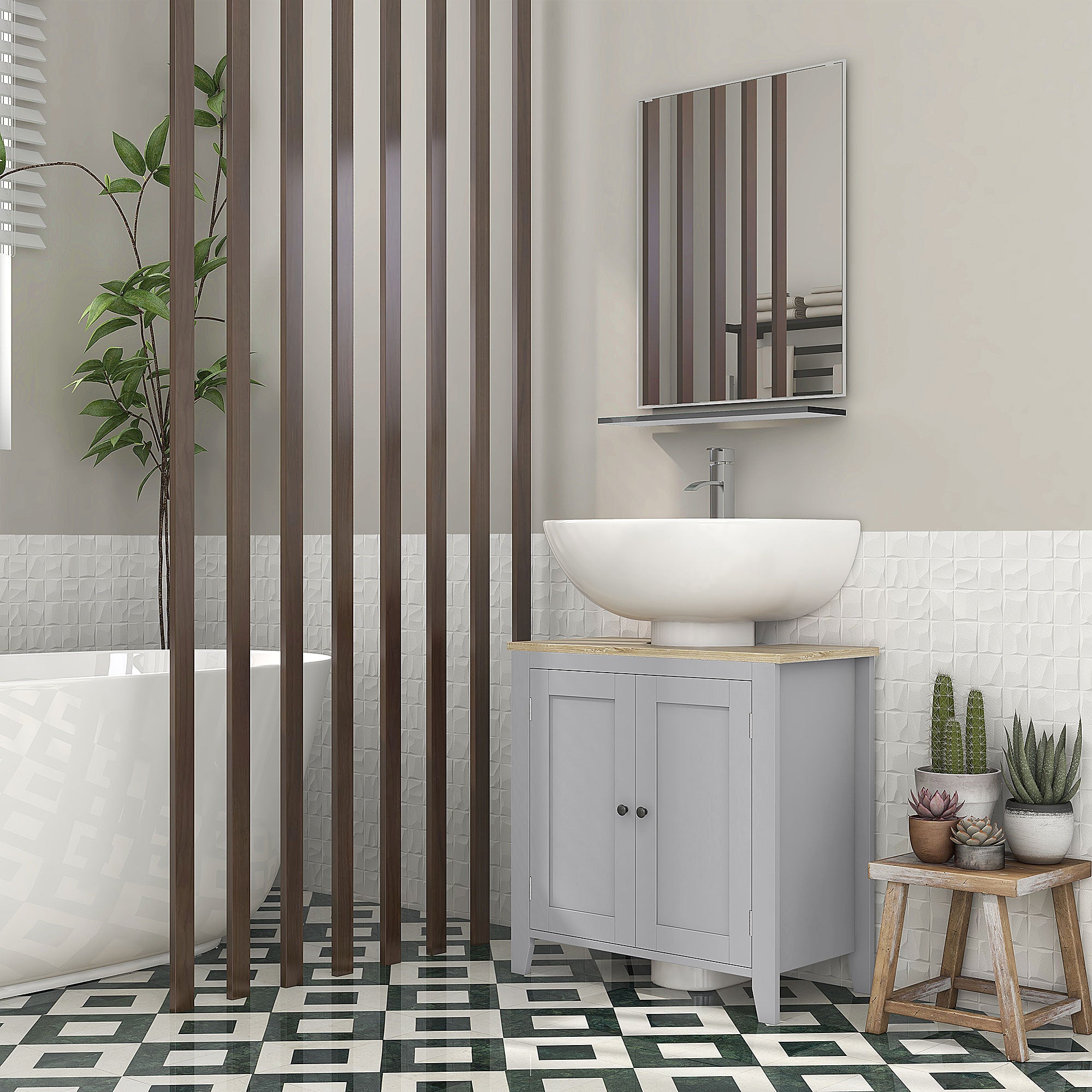 kleankin Under Sink Cabinet, Bathroom Sink Cabinet with 2 Doors, Pedestal Under Sink Design, Freestanding Bathroom Cupboard with Adjustable Shelf, Grey - North Peak Garden Furniture
