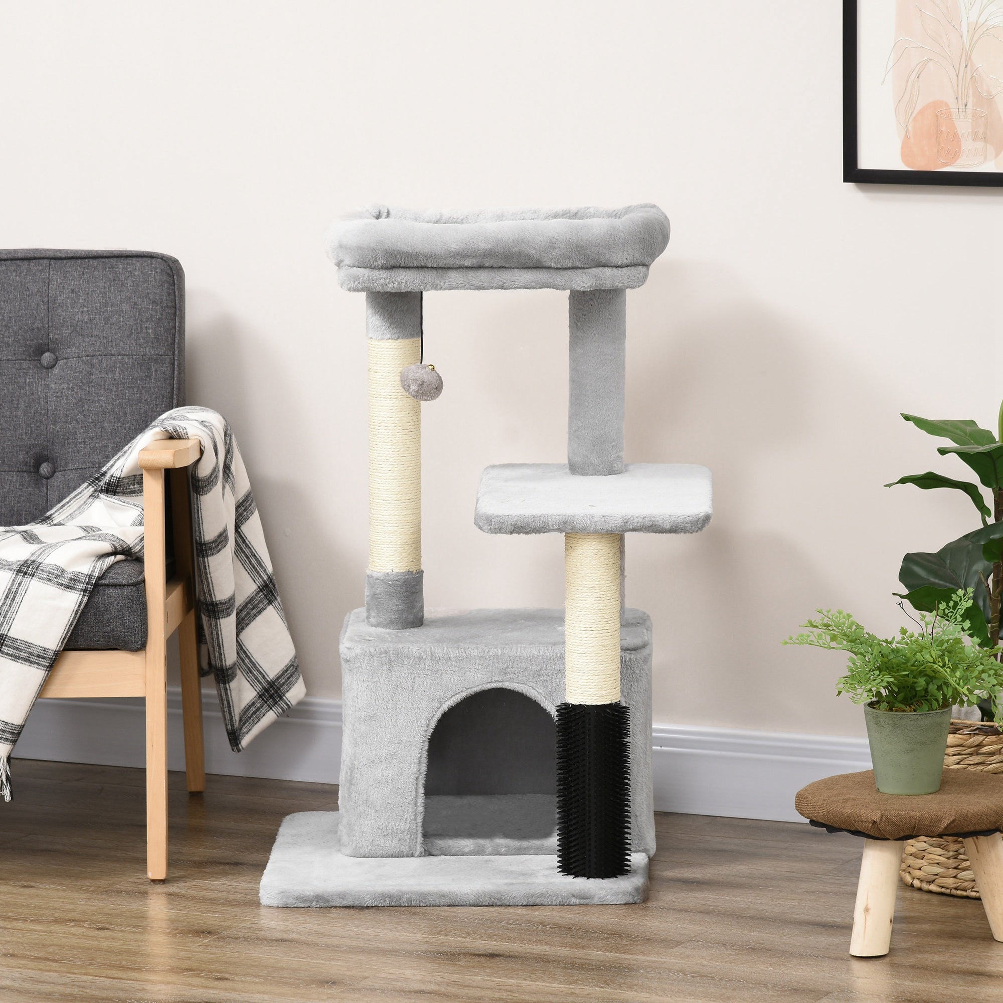 PawHut Cat Tree for Indoor Cats Climbing Tower Kitten Scratch Post Activity Center Kitten with Massage Toy Hanging Ball Bed Condo Perch 48 x 48 x 85cm Grey - North Peak Garden Furniture
