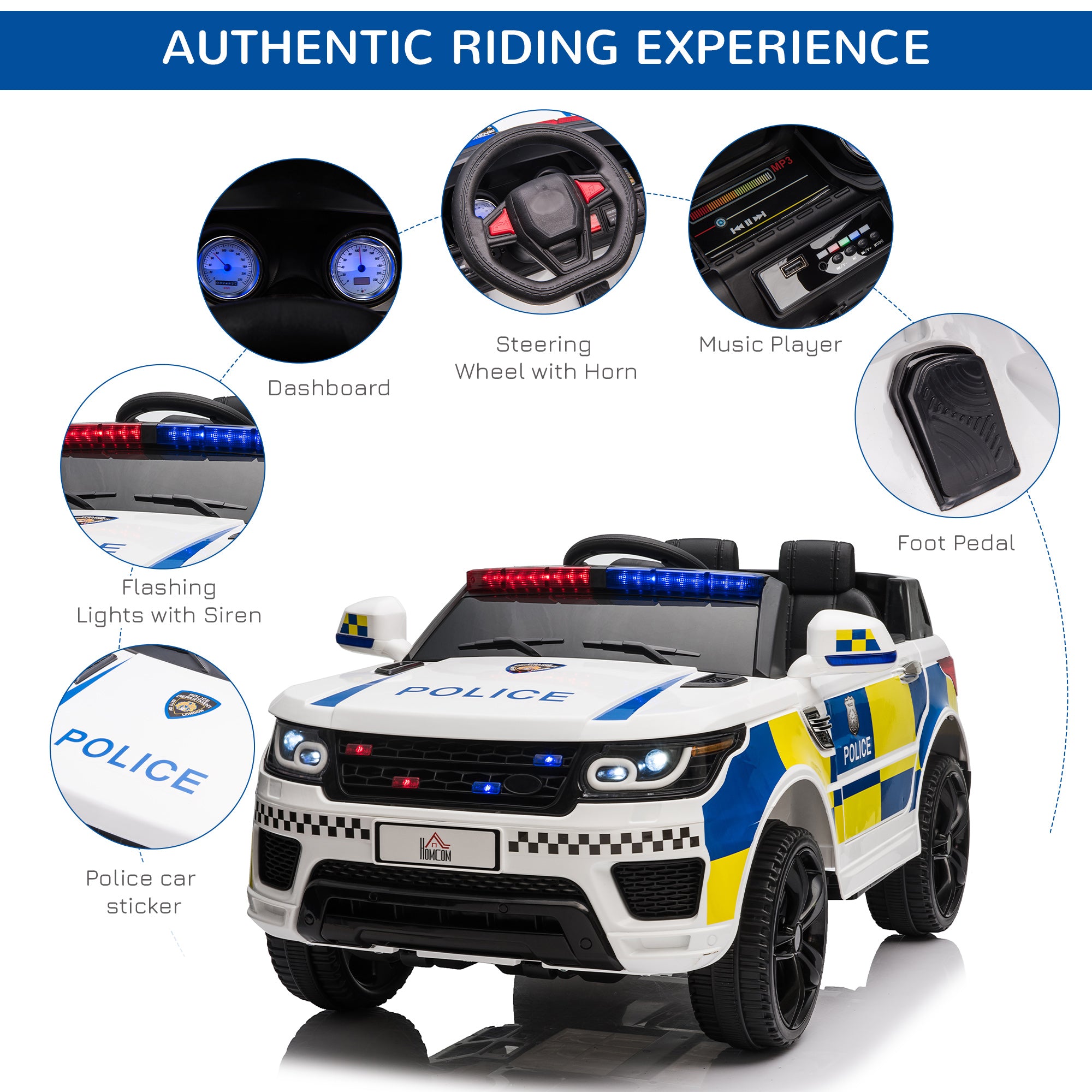 HOMCOM 12V Kids Electric Ride On Police Car 2 Motors with Parental Remote Control Siren Flashing Lights USB Portable for 3-6 Years White - North Peak Garden Furniture