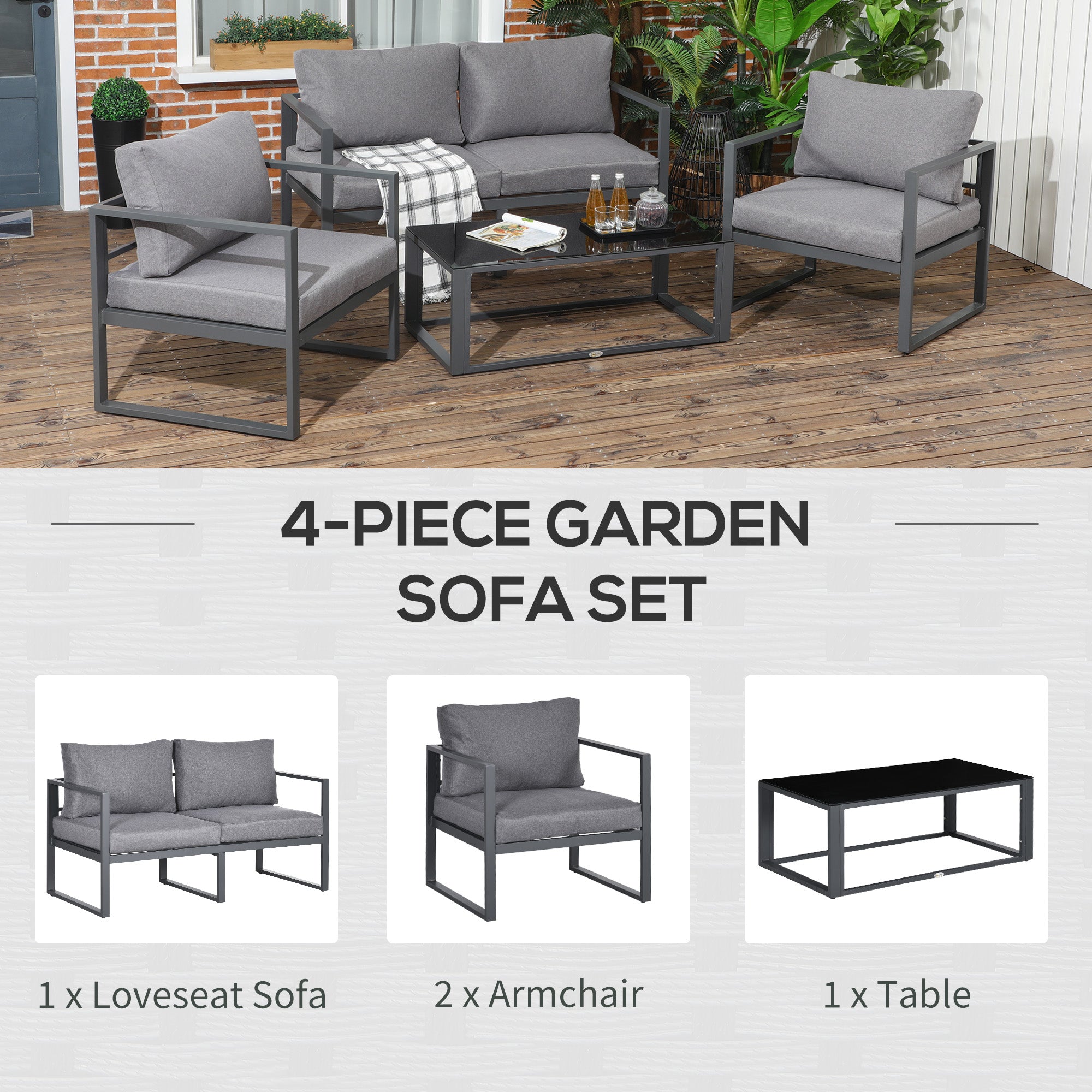 Outsunny 4 Pieces Garden Sofa Set 2 Single Armchair 1 Bench & Side Table Set Aluminium Frame Patio Furniture with Cushions Grey - North Peak Garden Furniture