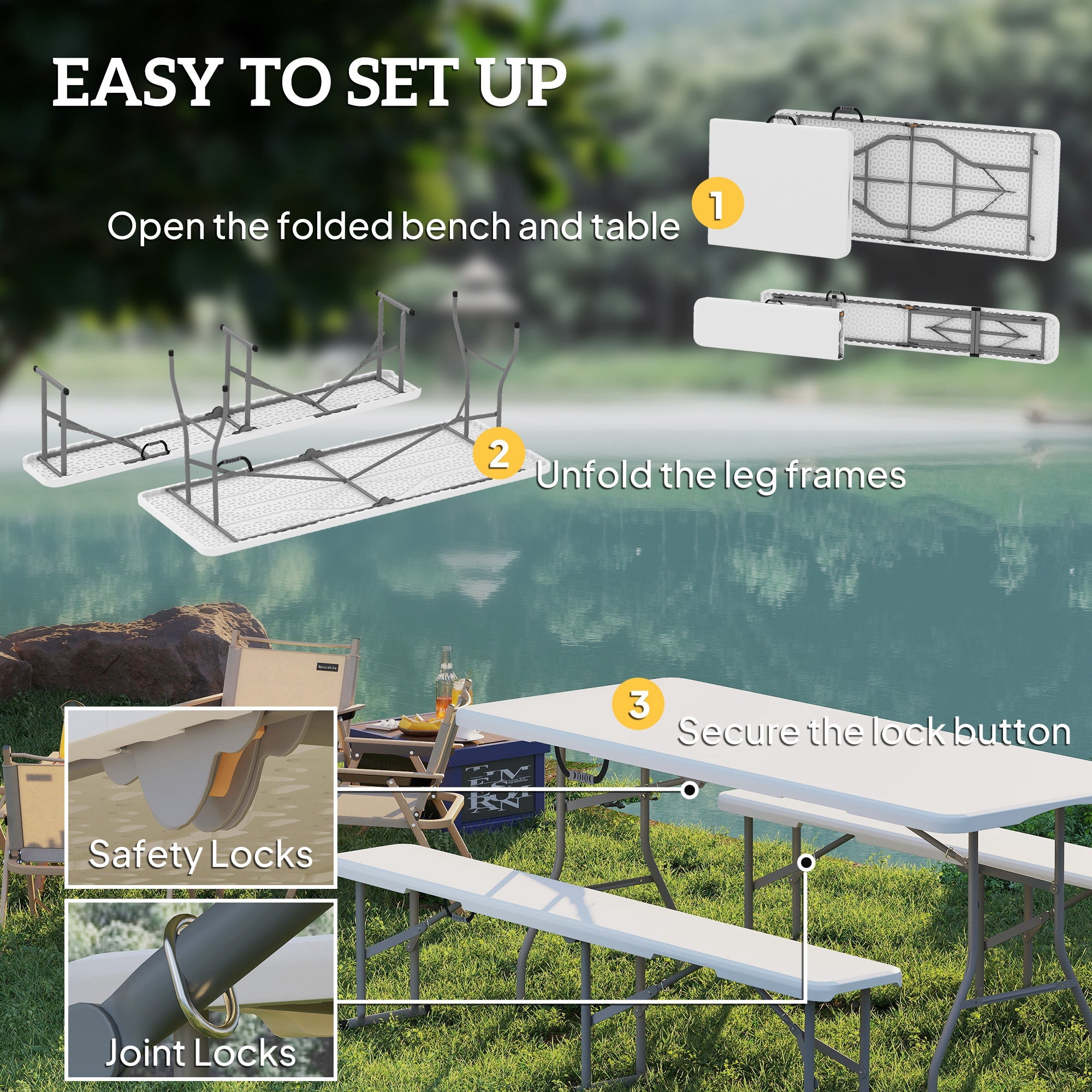 Outsunny 3 Piece 6ft Folding Picnic Table and Bench Set, Portable HDPE Camping Table and Chairs with Carrying Handles for Indoor Outdoor, Dining, Camping, Picnic, BBQ, Party, White - North Peak Garden Furniture