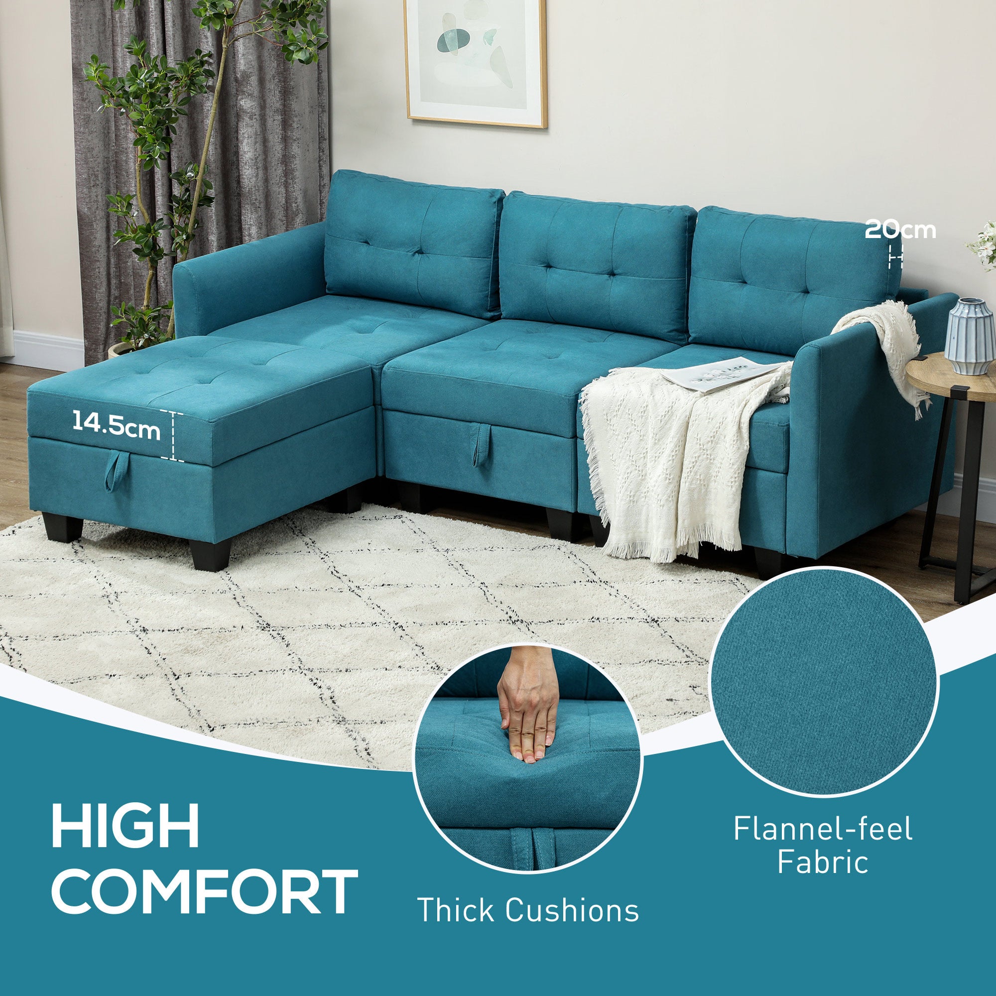 HOMCOM 'L' Shape Modular Sofa, with Storage - Light Blue - North Peak Garden Furniture
