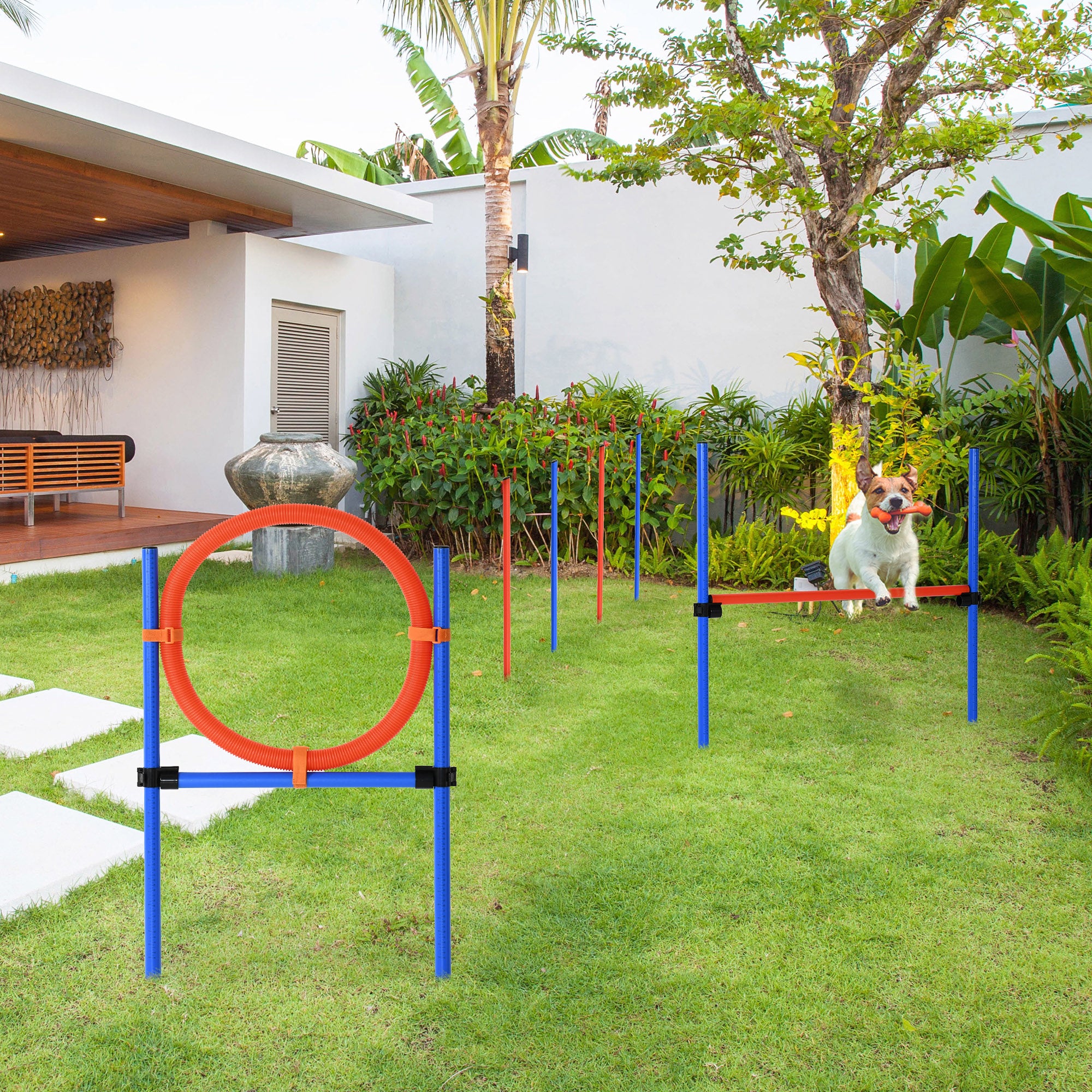 PawHut Pet Agility Training Equipment Dog Play Run Jump Obedience Training Set Adjustable (Pole + Hoop + Hurdle) - North Peak Garden Furniture