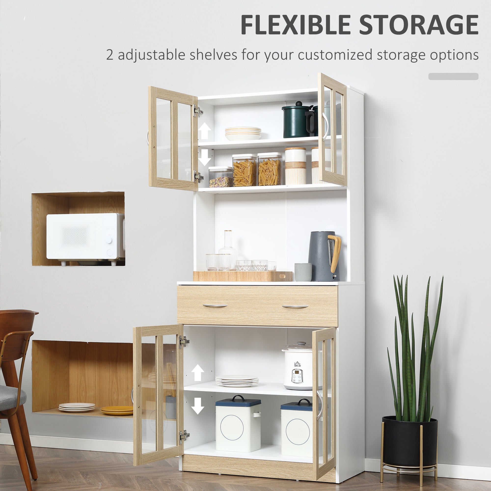 HOMCOM Modern Kitchen Cupboard, Freestanding Storage Cabinet Hutch with Central Drawer, 2 Glass Door Cabinets and Countertop, 180cm - North Peak Garden Furniture