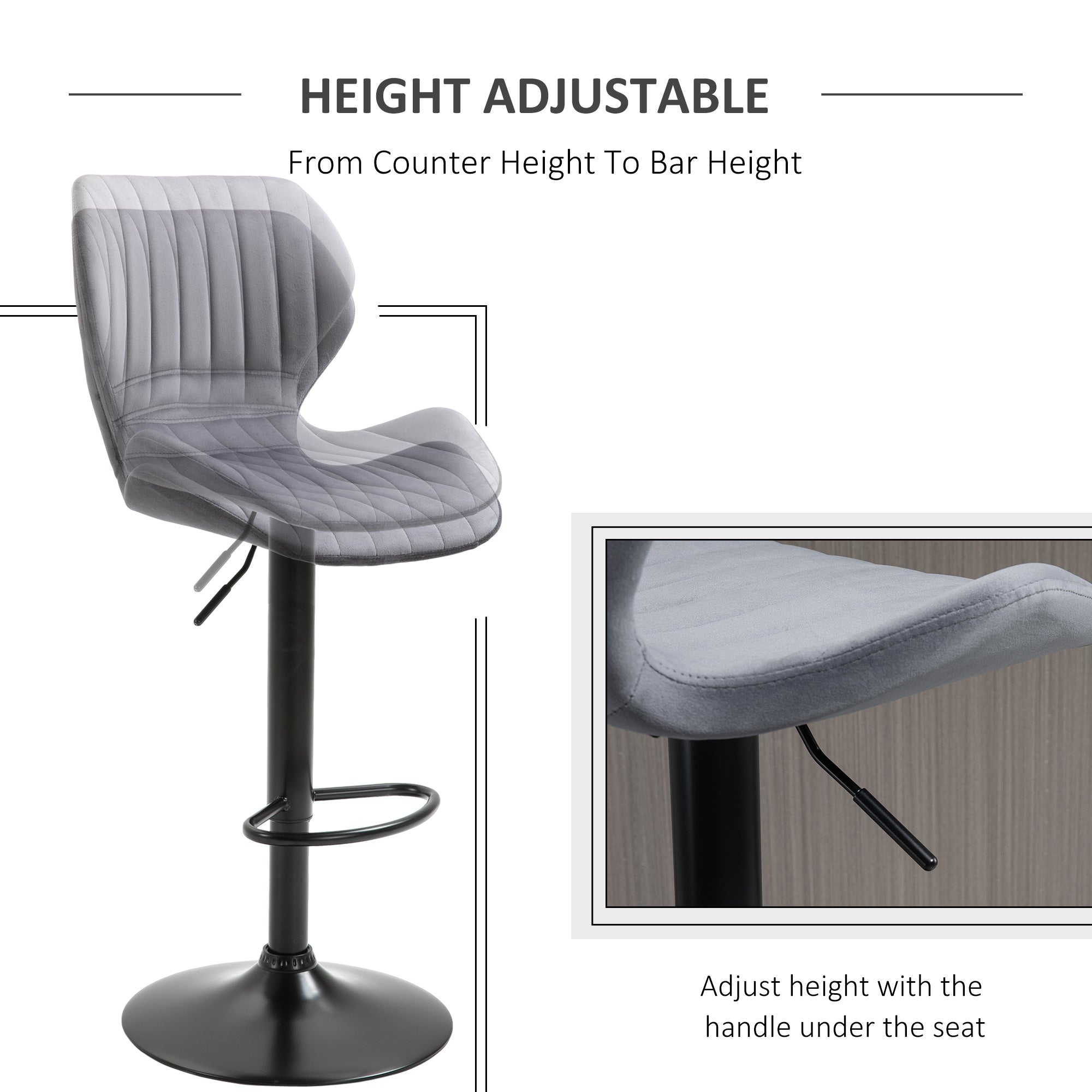 HOMCOM Bar Stool Set of 2 Velvet-Touch Fabric Adjustable Height Swivel Counter Chairs with Footrest, Grey - North Peak Garden Furniture