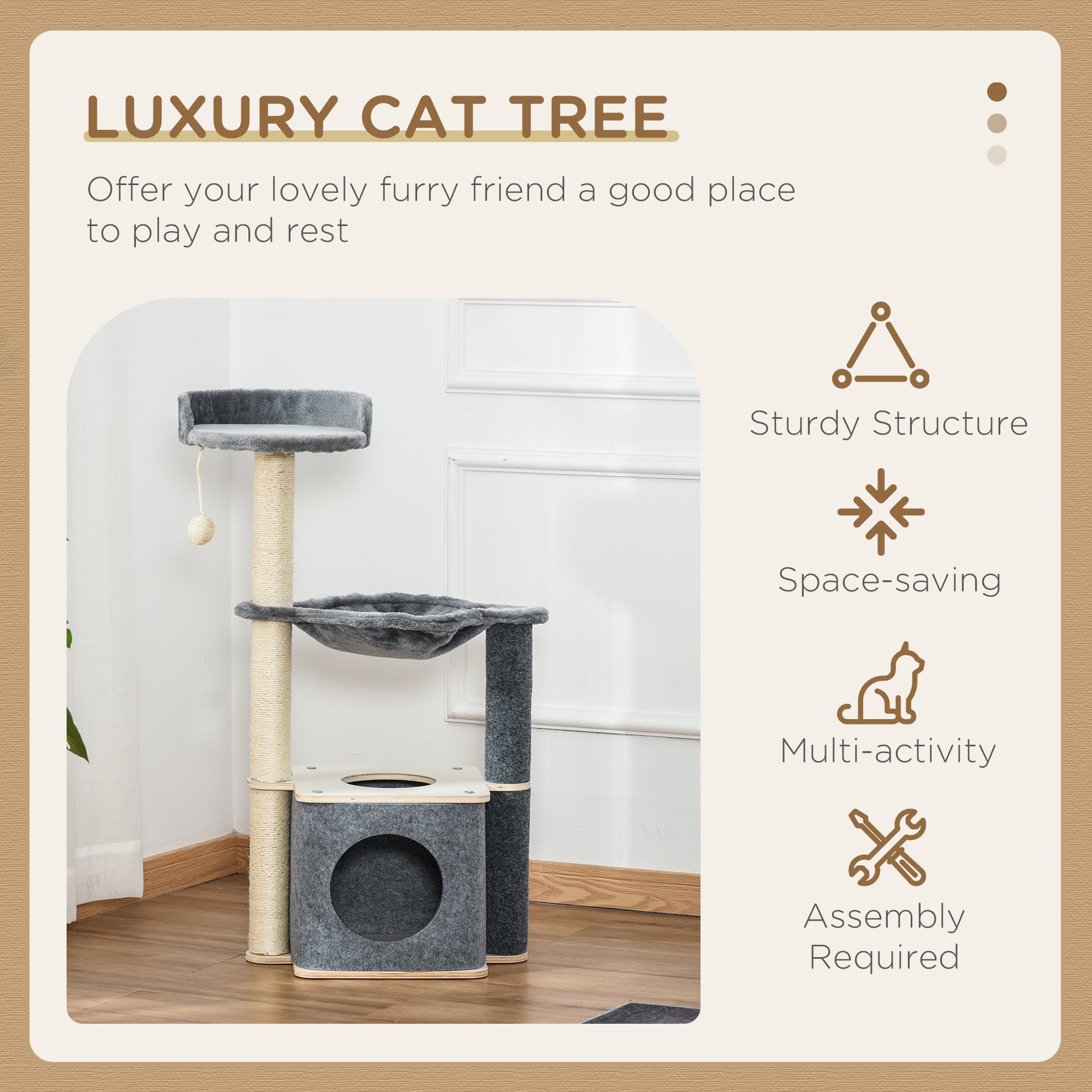 PawHut Cat Tree for Indoor Cats 95cm Climbing Tower Kitten Activity Center with Sisal Scratching Post Perch Roomy Condo Hammock Removable Felt Hanging Toy, Grey - North Peak Garden Furniture