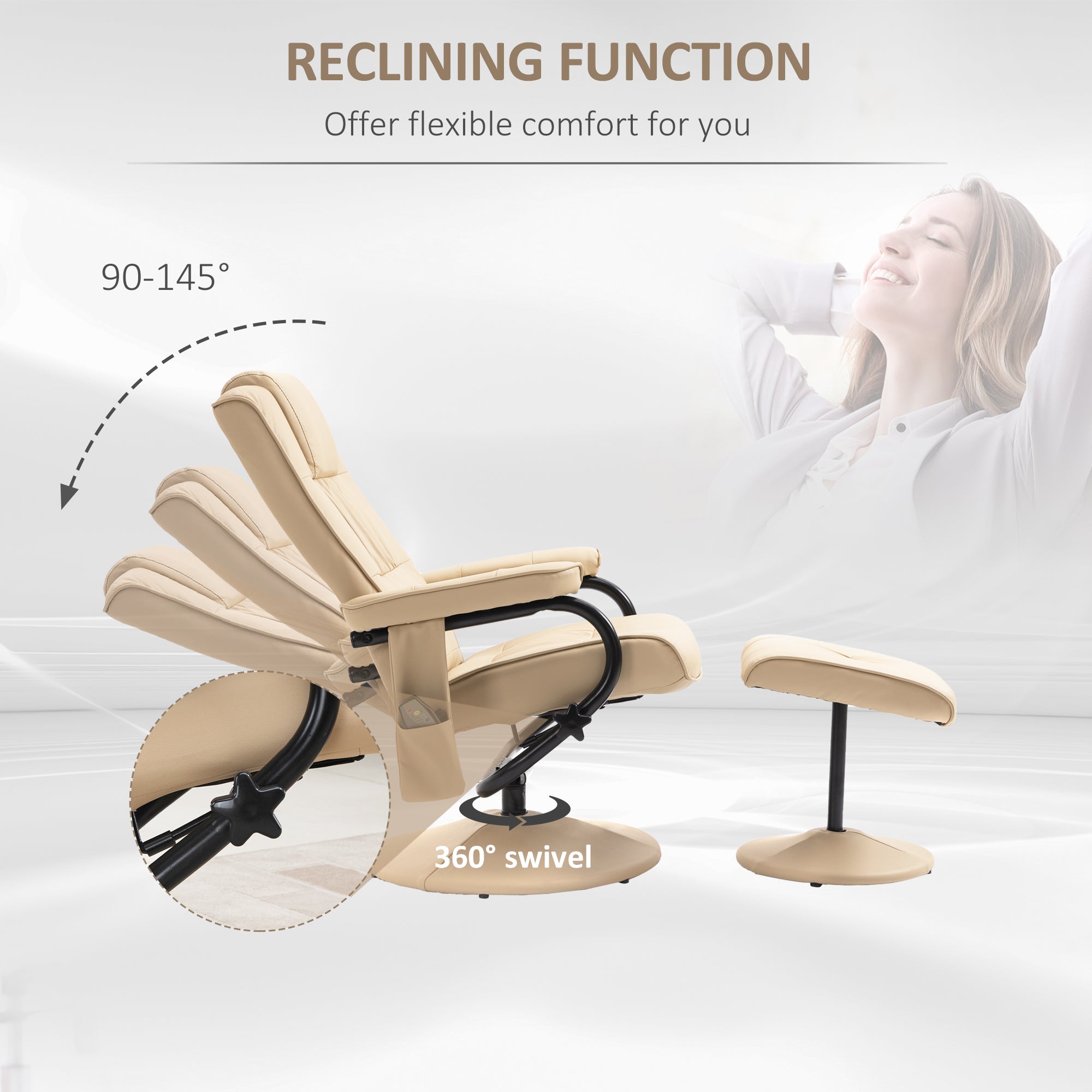 HOMCOM Manual Sofa Reclining Armchair PU Leather Massage Recliner Chair and Ottoman, Cream - North Peak Garden Furniture