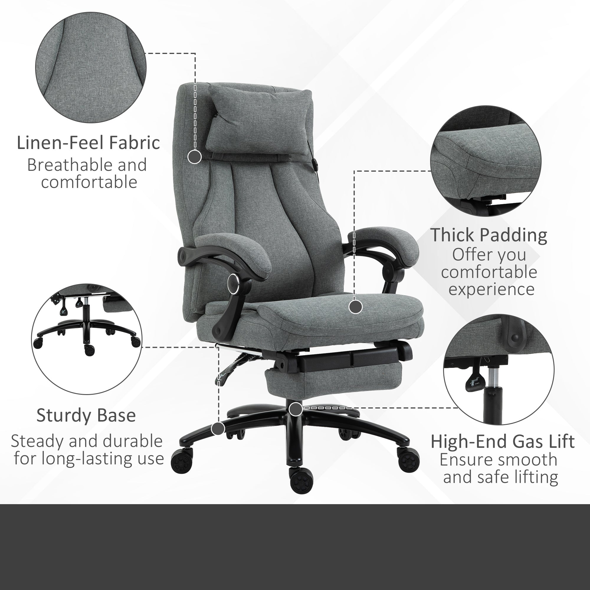 Vinsetto Office Chair, Fabric Desk Chair with Adjustable Massage Pillow, USB Power and Retractable Footrest, High Back, 360° Swivel, for Home, Grey - North Peak Garden Furniture
