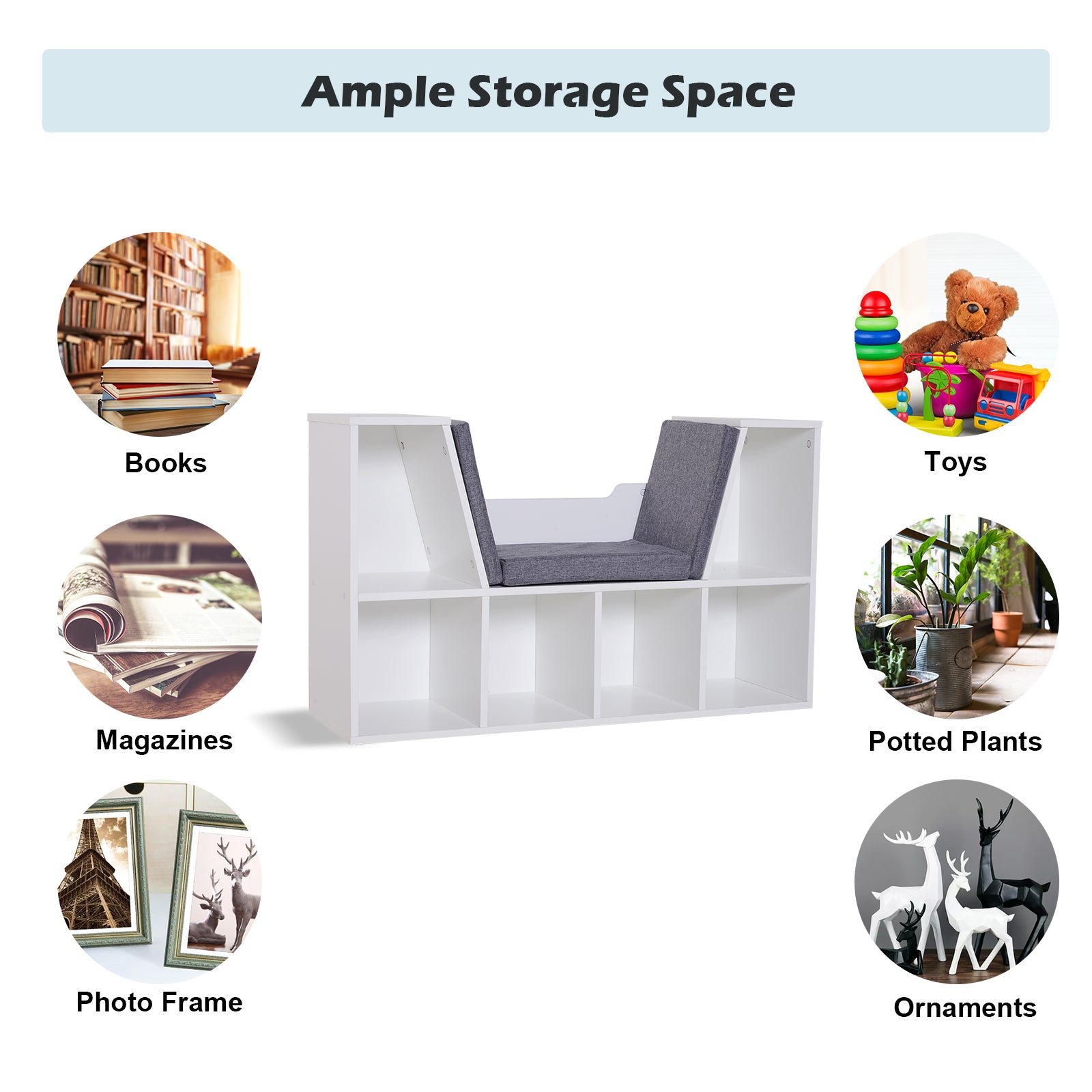 HOMCOM Bookcase Storage Shelf with Cushioned Reading Seat, Cube Bookshelf Organizer for Bedroom Living Room, White - North Peak Garden Furniture