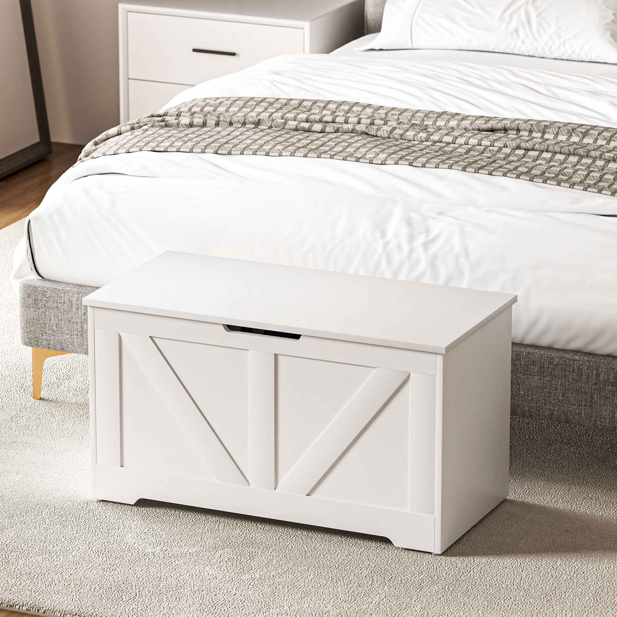 HOMCOM 100L Home Storage Box, with Safety Hinges - White Wood-Effect - North Peak Garden Furniture
