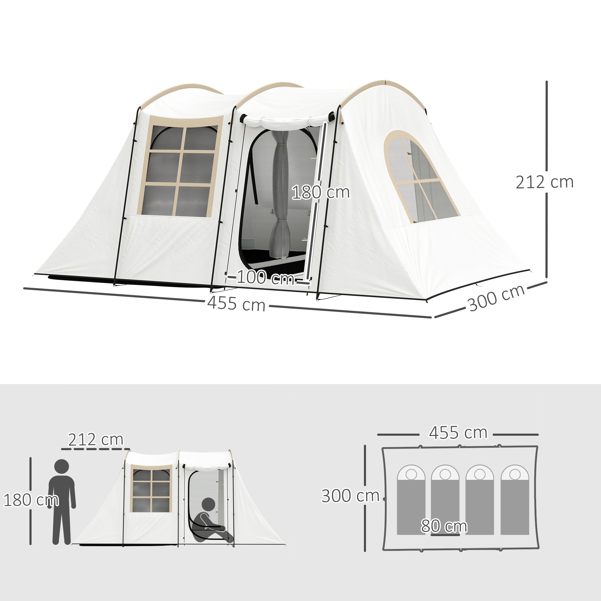 Outsunny 3-4 Man Tunnel Tent, Family Camping Tent with Porch, Bedroom and Living Area, Sewn in Groundsheet, 3000mm Waterproof, Portable with Bag for Hiking, Festival, Backpacking, Khaki - North Peak Garden Furniture