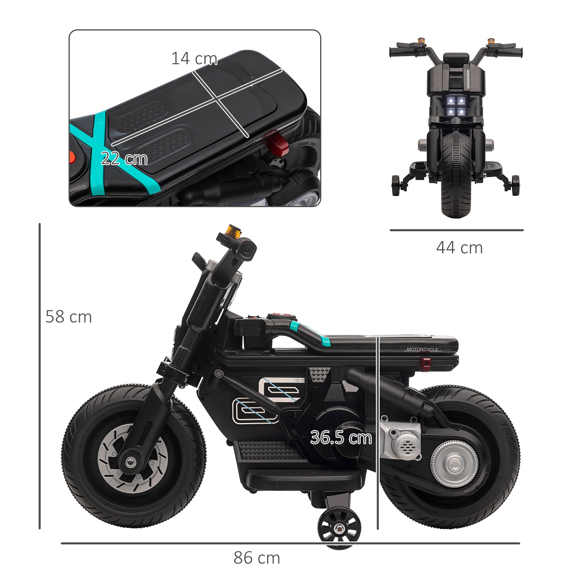 HOMCOM Kids Electric Motorbike with Siren, Horn, Headlights, Music, Training Wheels, for Ages 3-5 Years - Black - North Peak Garden Furniture
