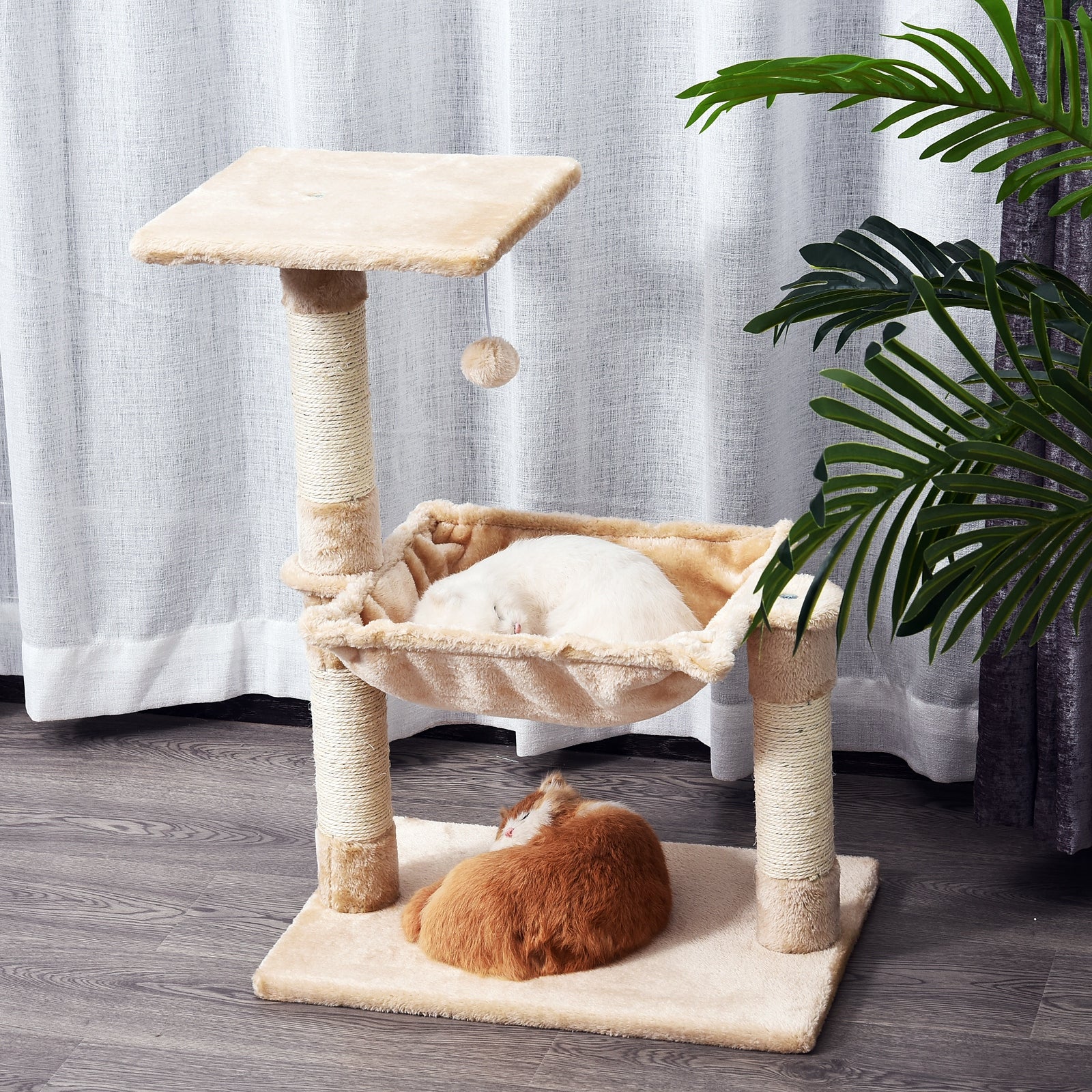 PawHut Cat Scratch Post with Bed Cat Tree for Indoor Cats Sisal Scratching Posts Hammock Kitty Activity Centre Beige - North Peak Garden Furniture