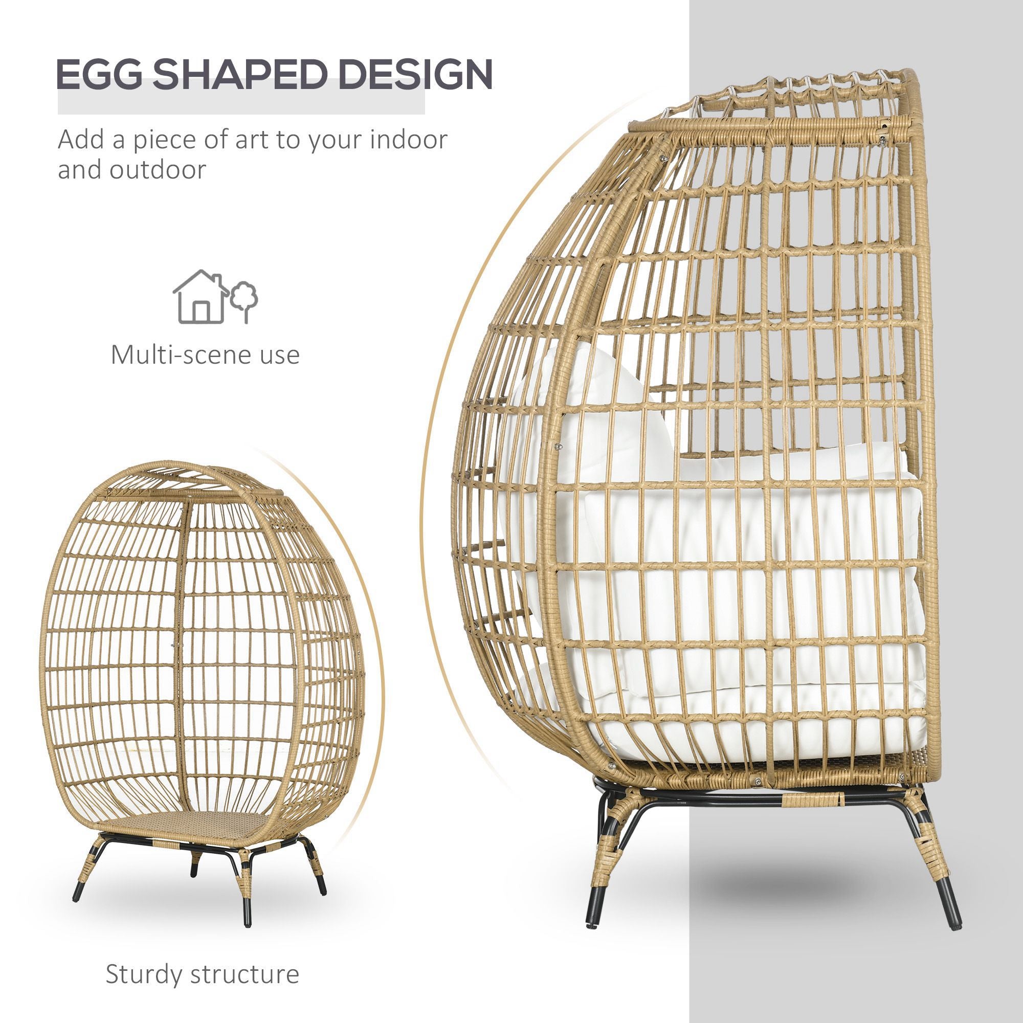 Outsunny PE Rattan Outdoor Egg Chair, Round Wicker Weave Teardrop Chair with Thick Padded Cushions for Sunroom, Garden, Khaki - North Peak Garden Furniture