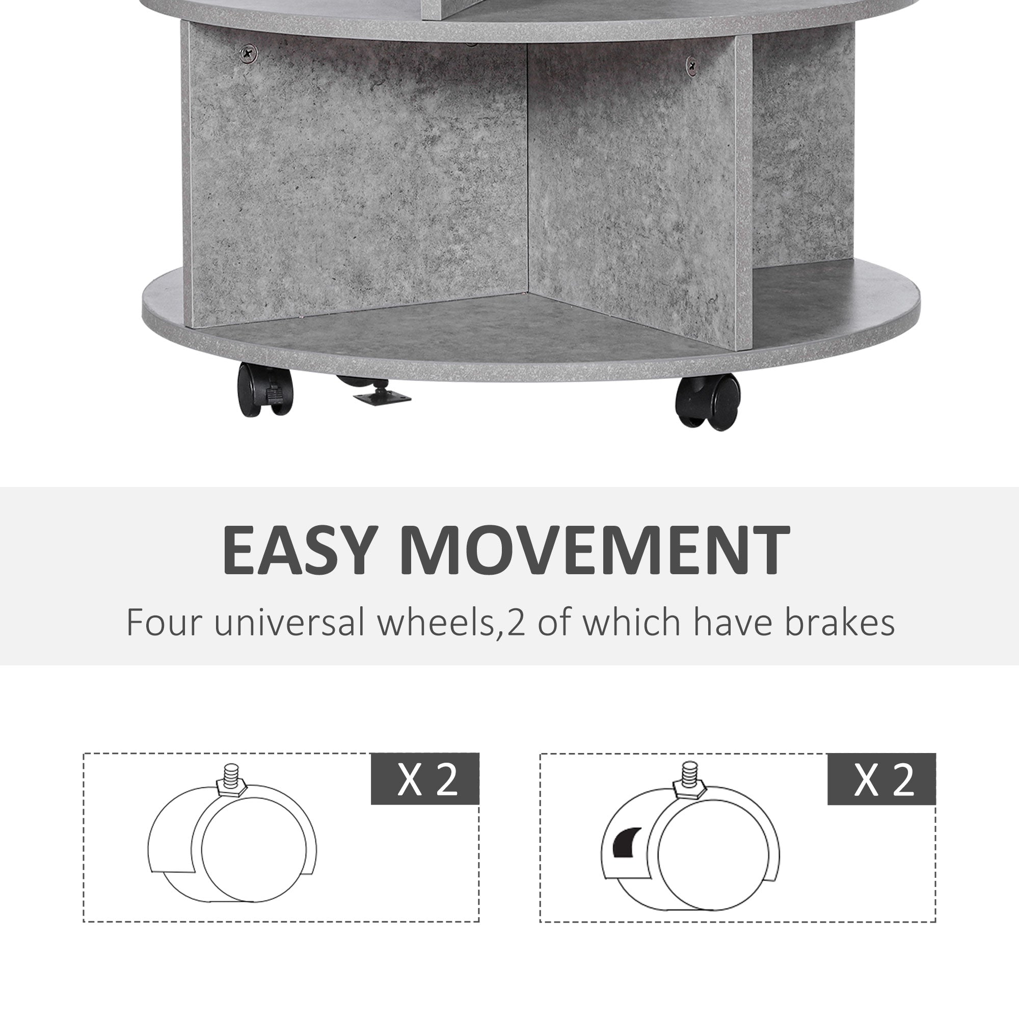HOMCOM Round Coffee Table with Wheels, 3-Tier Rolling Side Table for Living Room with Divided Shelves, Cement Colour - North Peak Garden Furniture