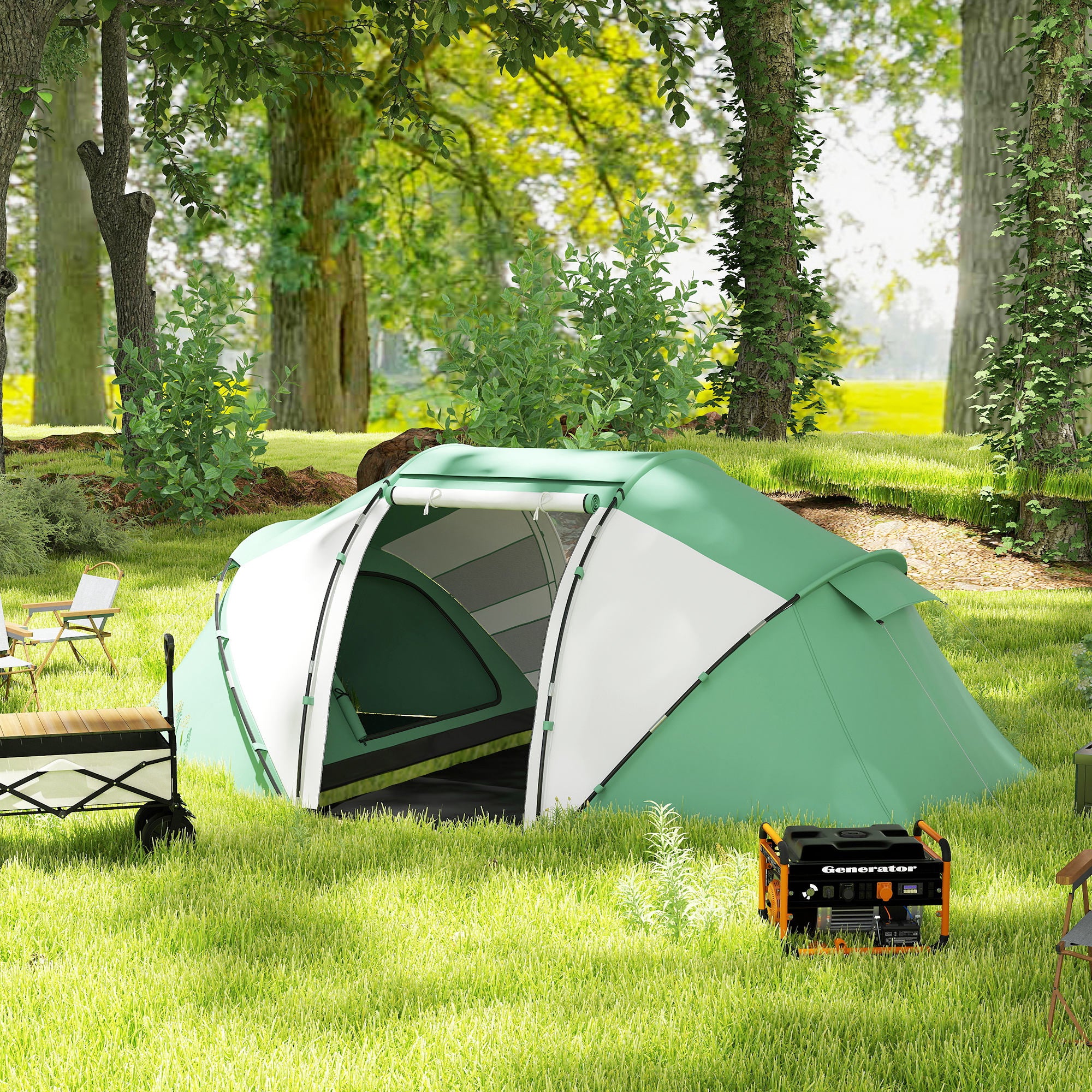 Outsunny 4-6 Man UV Protection Camping Tent - Green and White - North Peak Garden Furniture