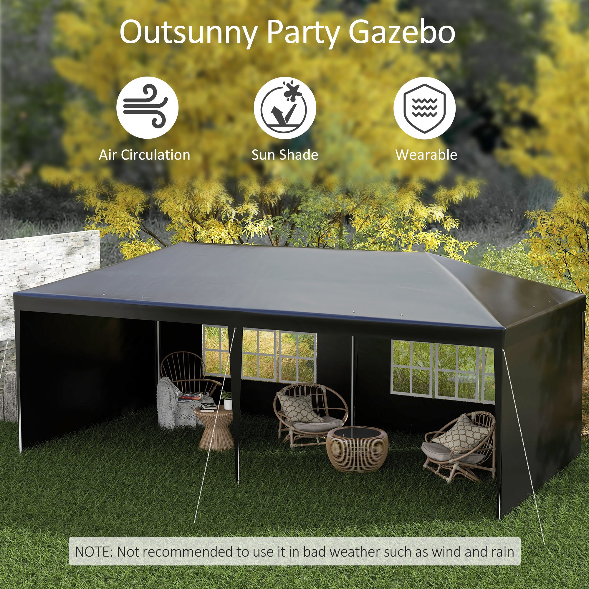 Outsunny 6 x 3 m Party Tent Gazebo Marquee Outdoor Patio Canopy Shelter with Windows and Side Panels Black - North Peak Garden Furniture