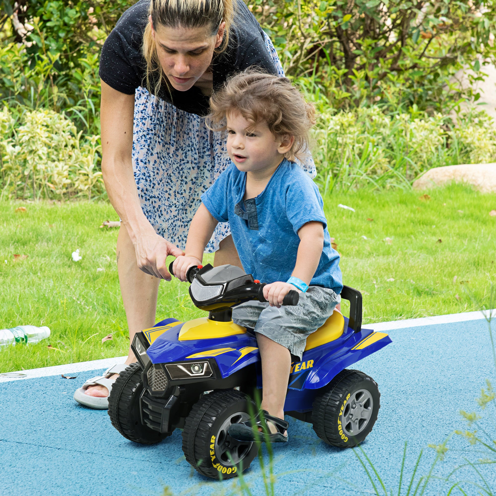 HOMCOM Baby Quad Bike Kids Ride On Car Goodyear Licensed Walker Foot To Floor Slider NO POWER w/ Lights Horn Storage Blue for 18-36 Months - North Peak Garden Furniture